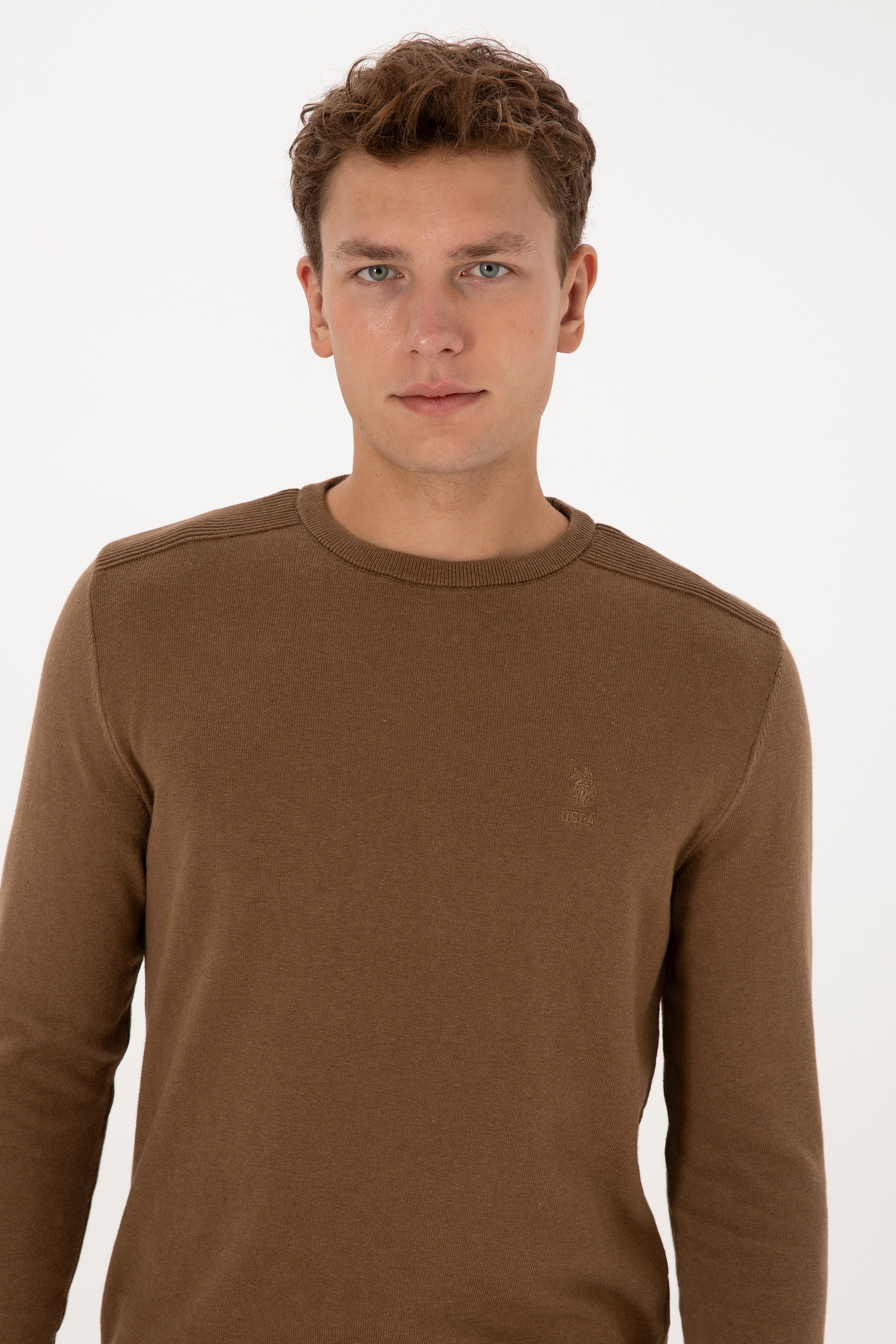 Erkek Slim Fit Bisiklet Yaka Haki Melanj Basic Kazak - Image 2