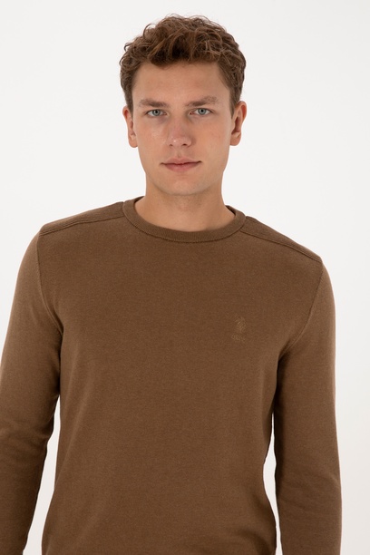 Erkek Slim Fit Bisiklet Yaka Haki Melanj Basic Kazak