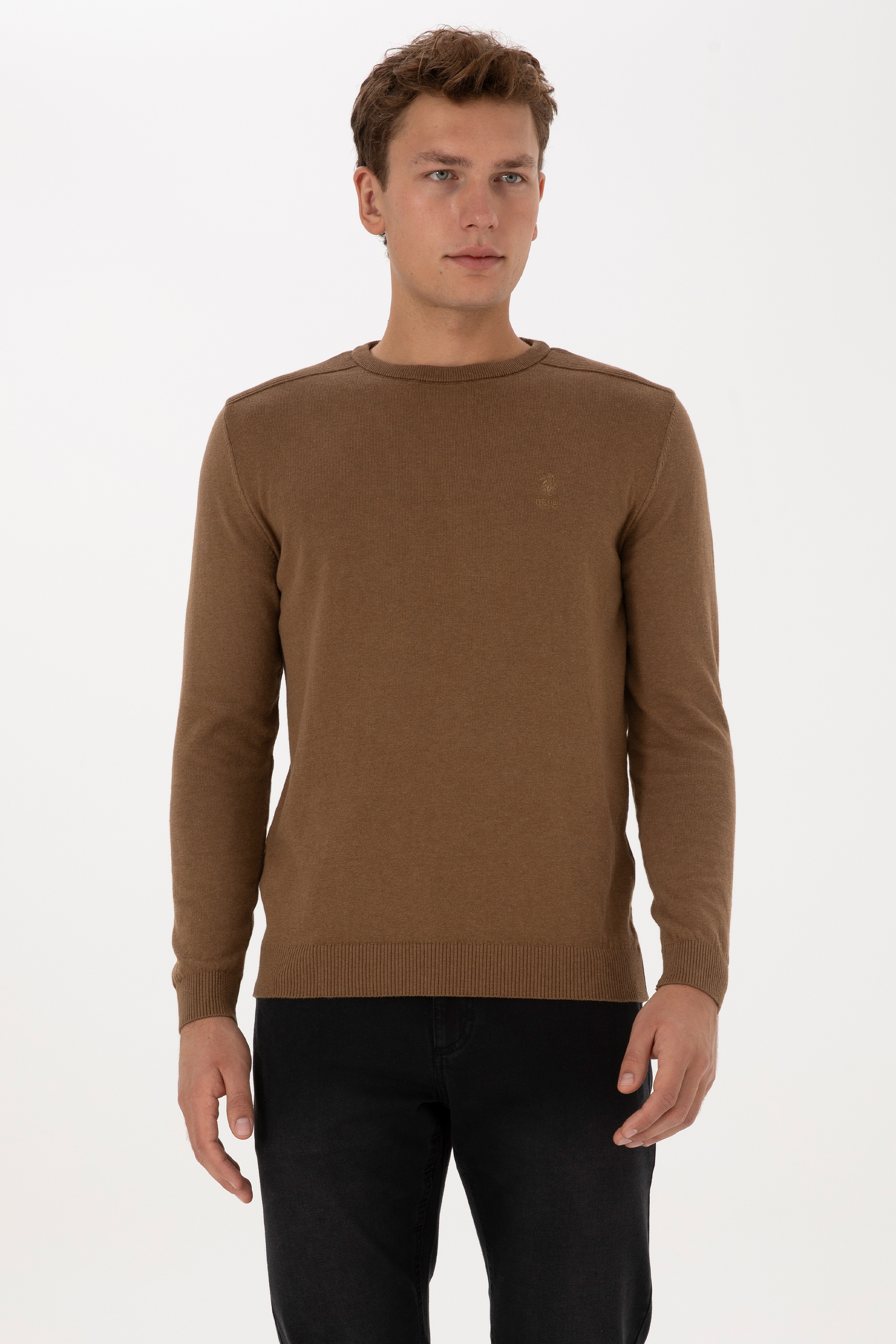 Erkek Slim Fit Bisiklet Yaka Haki Melanj Basic Kazak - Image 3