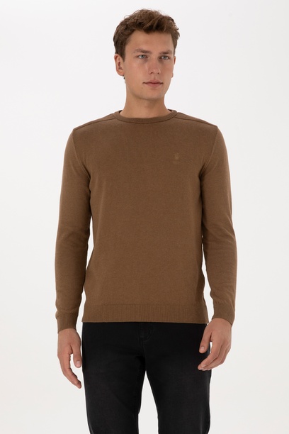 Erkek Slim Fit Bisiklet Yaka Haki Melanj Basic Kazak