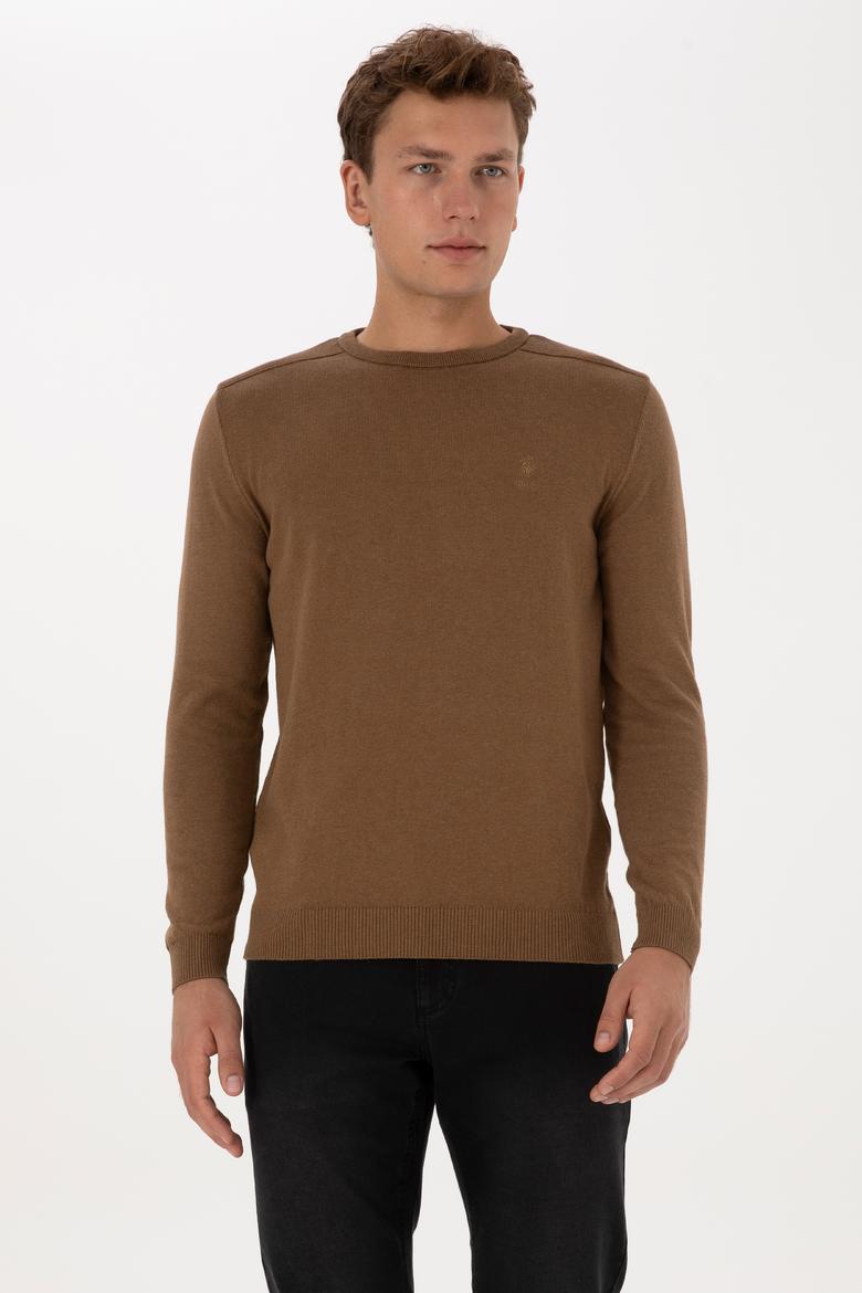 Erkek Slim Fit Bisiklet Yaka Haki Melanj Basic Kazak - 50307779035