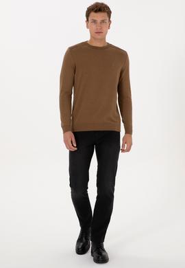 Erkek Slim Fit Bisiklet Yaka Haki Melanj Basic Kazak - 50307779035