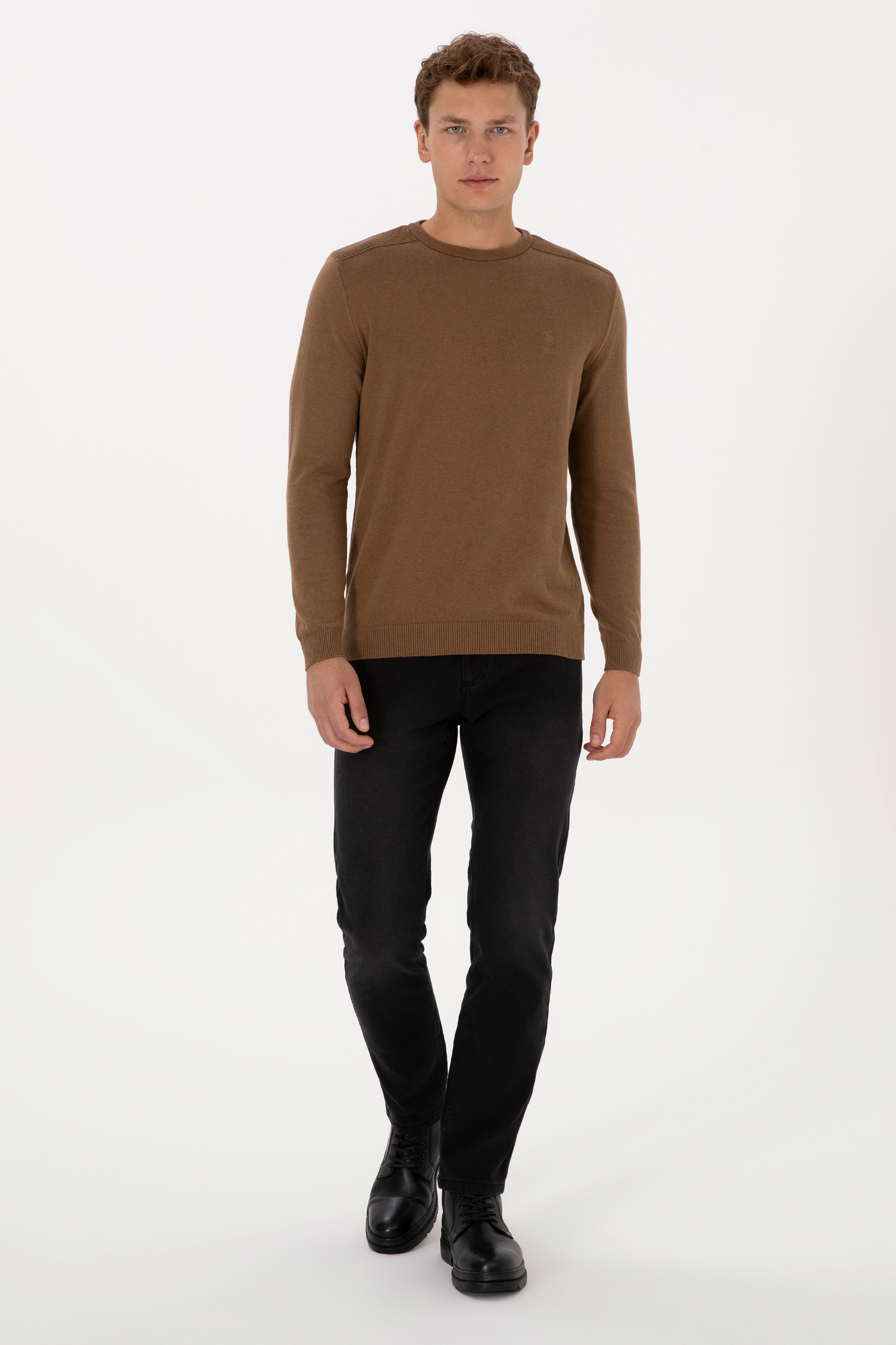 Erkek Slim Fit Bisiklet Yaka Haki Melanj Basic Kazak - Image 4