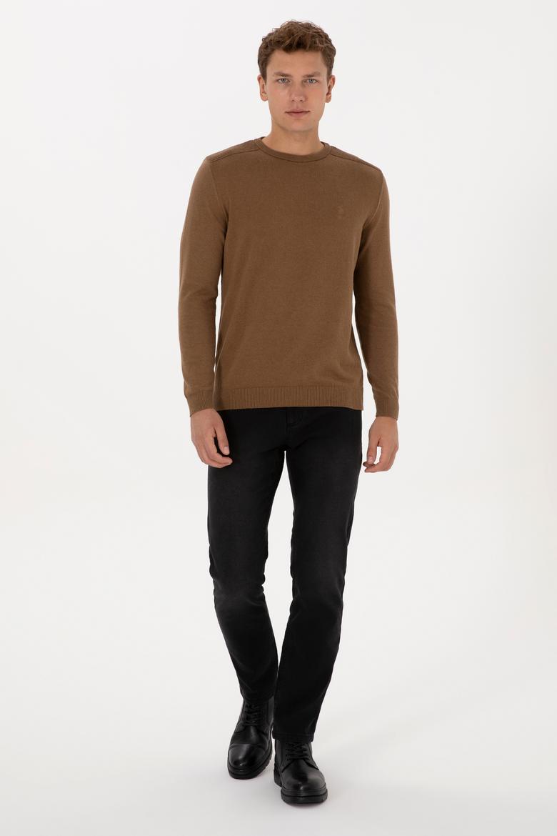 Erkek Slim Fit Bisiklet Yaka Haki Melanj Basic Kazak - 50307779035