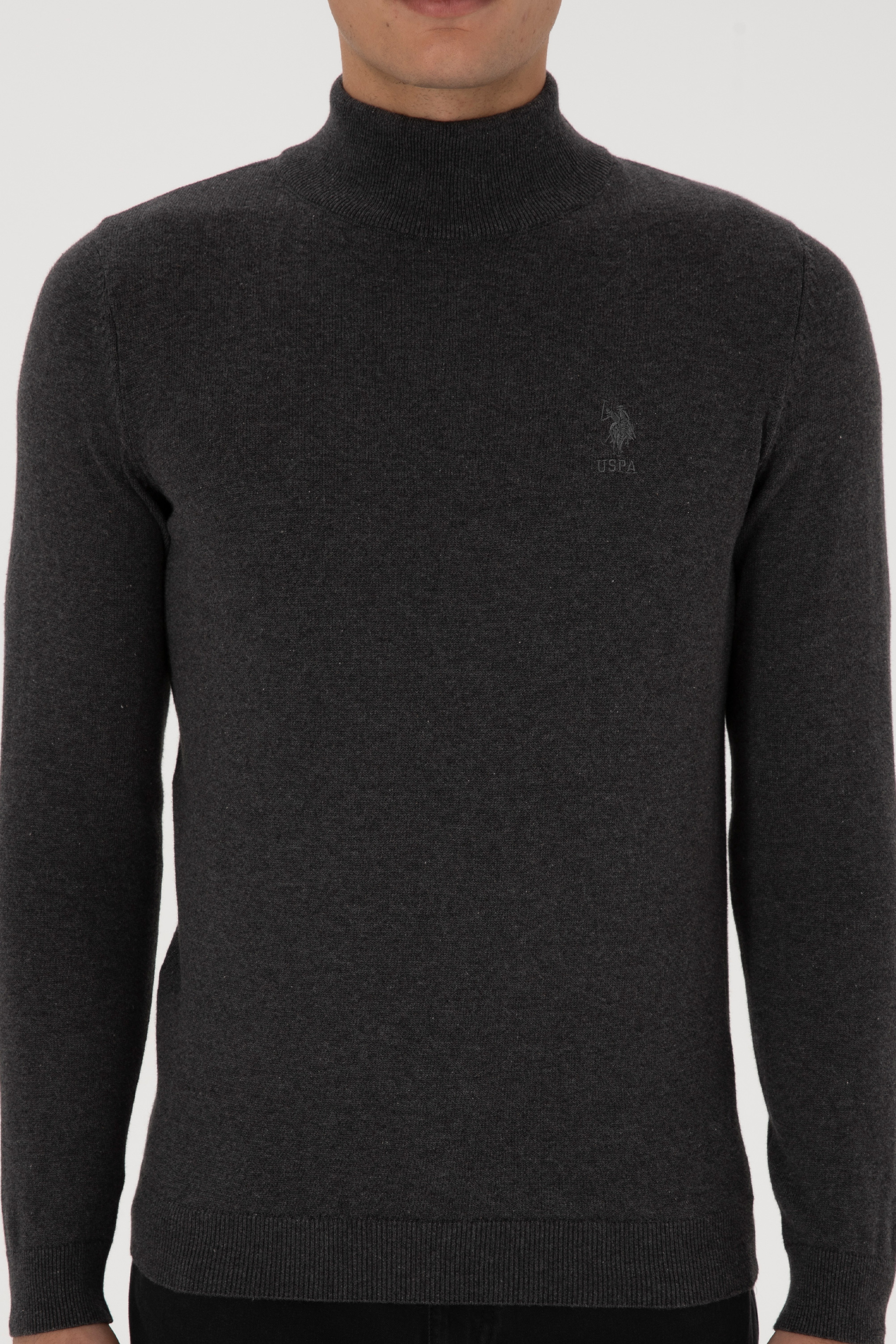 Erkek Slim Fit Yarım Boğazlı Antrasit Melanj Basic Kazak - Image 6