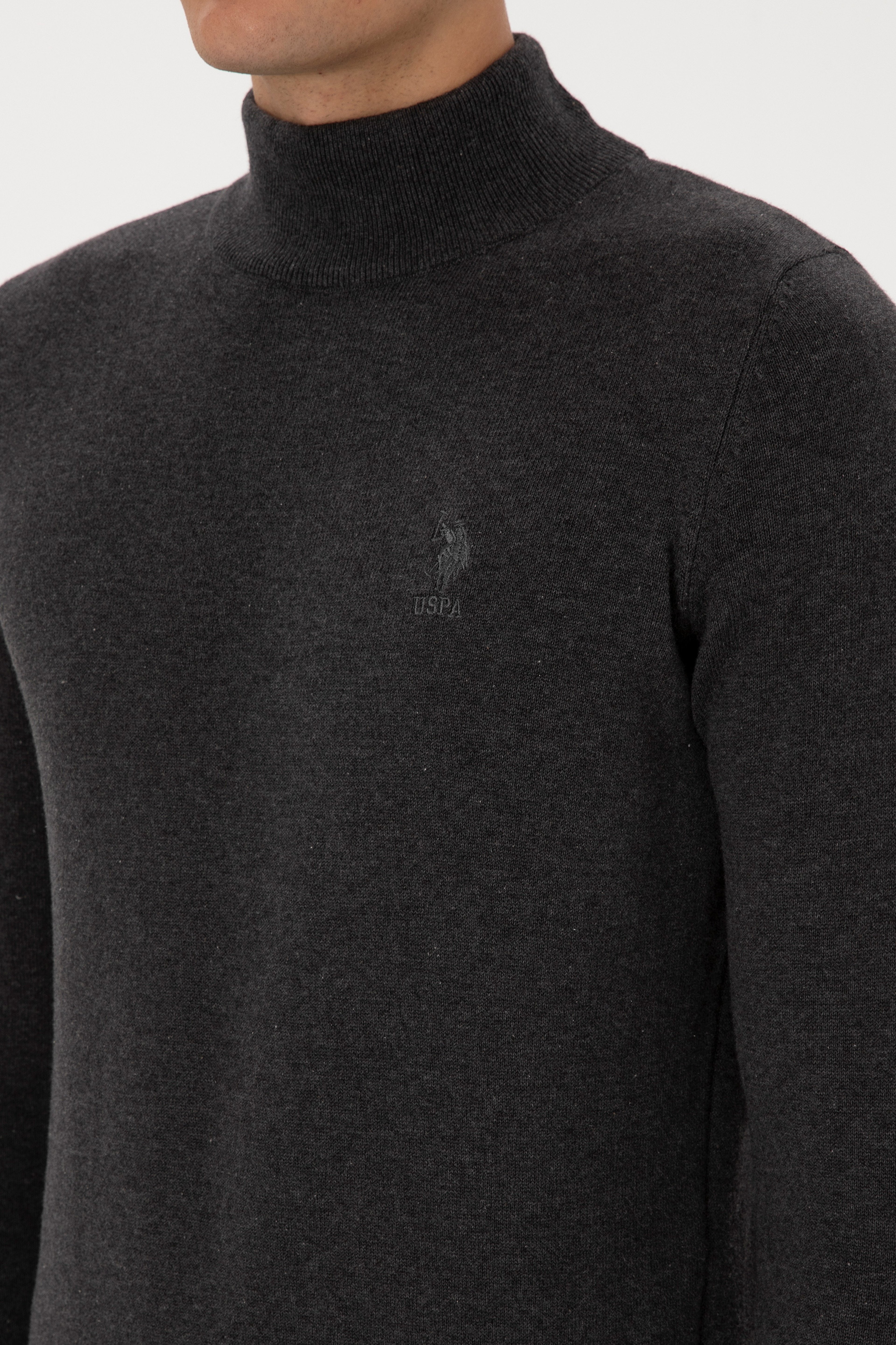 Erkek Slim Fit Yarım Boğazlı Antrasit Melanj Basic Kazak - Image 7
