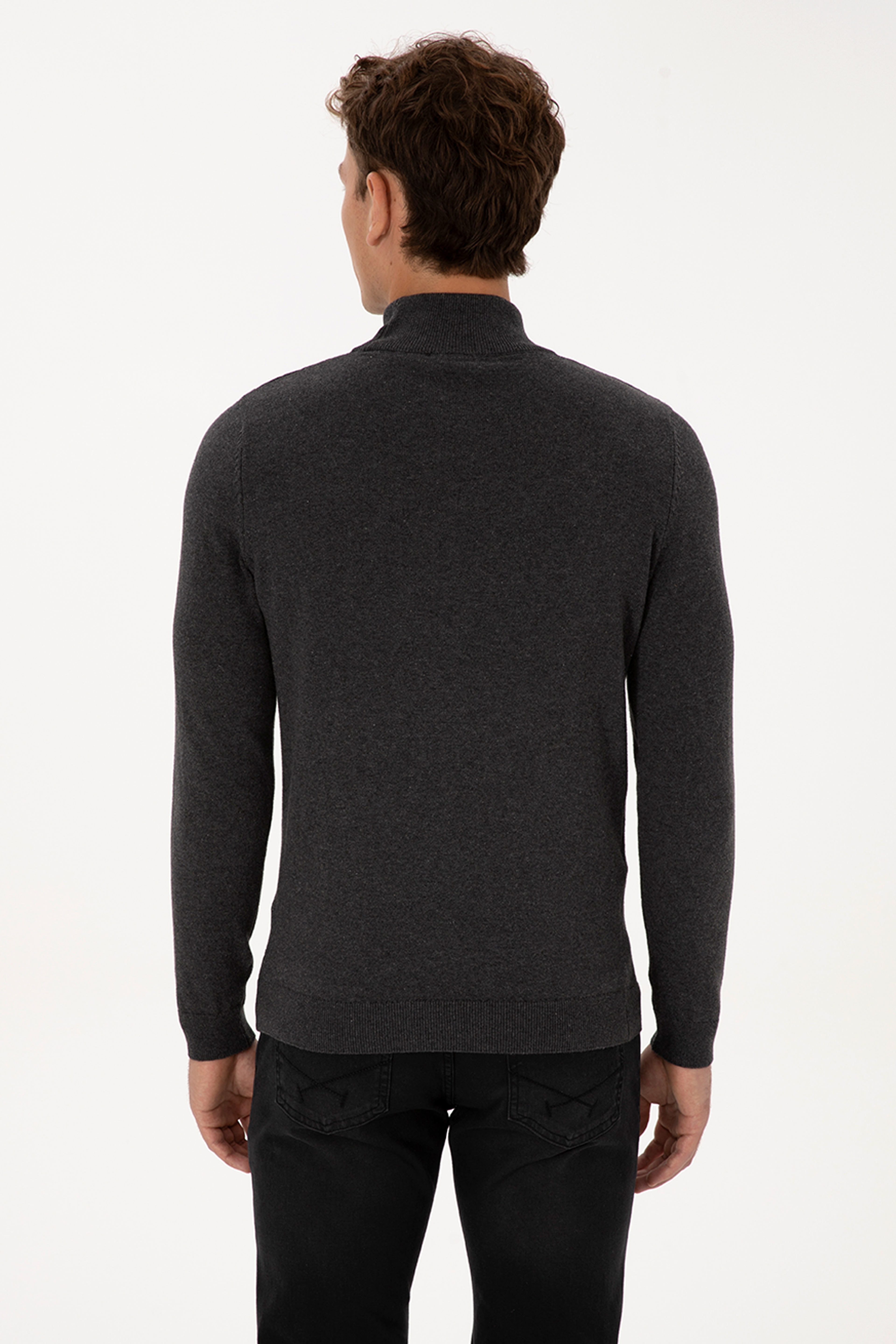 Erkek Slim Fit Yarım Boğazlı Antrasit Melanj Basic Kazak - Image 5