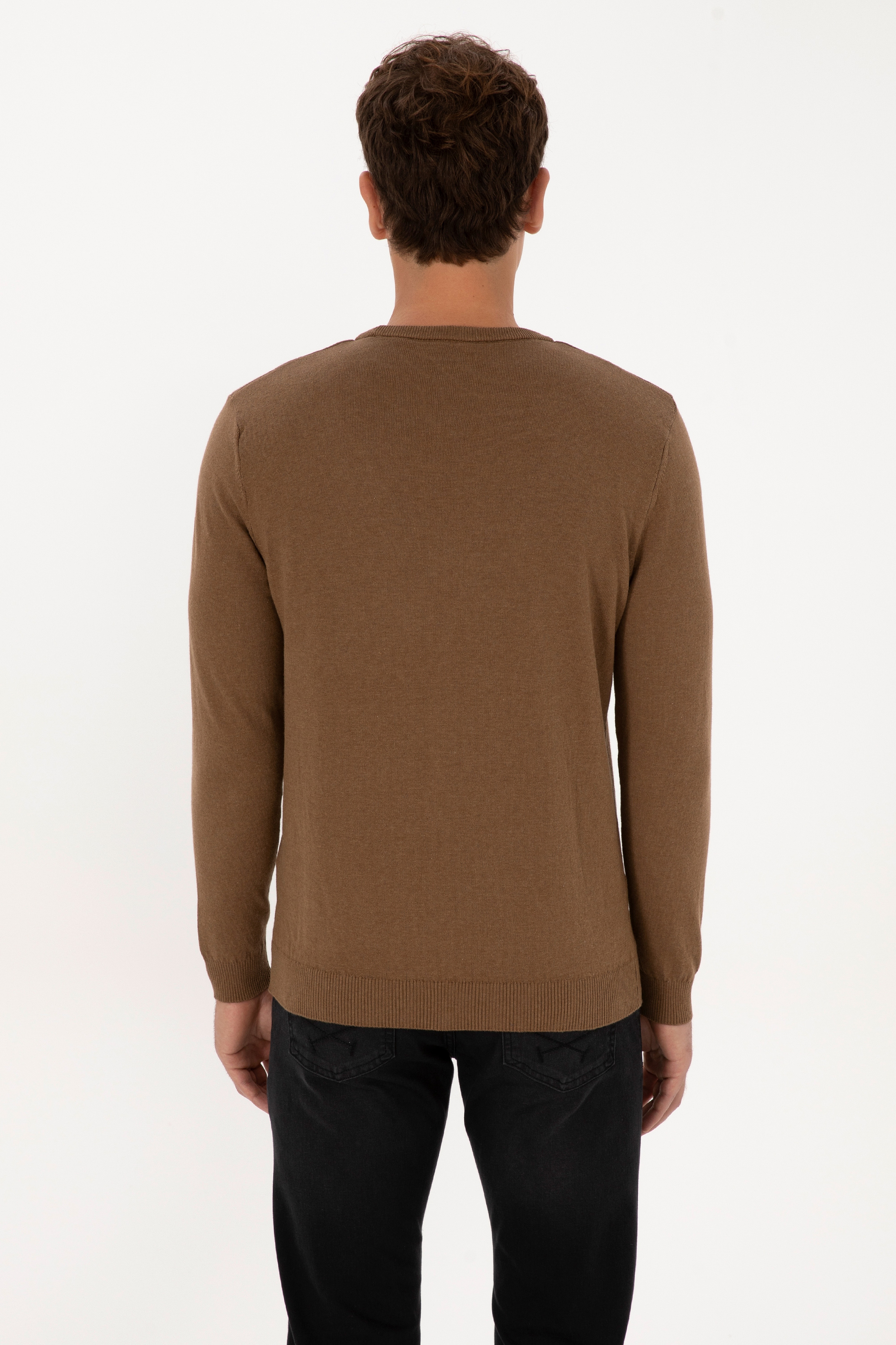 Erkek Slim Fit Bisiklet Yaka Haki Melanj Basic Kazak - Image 5