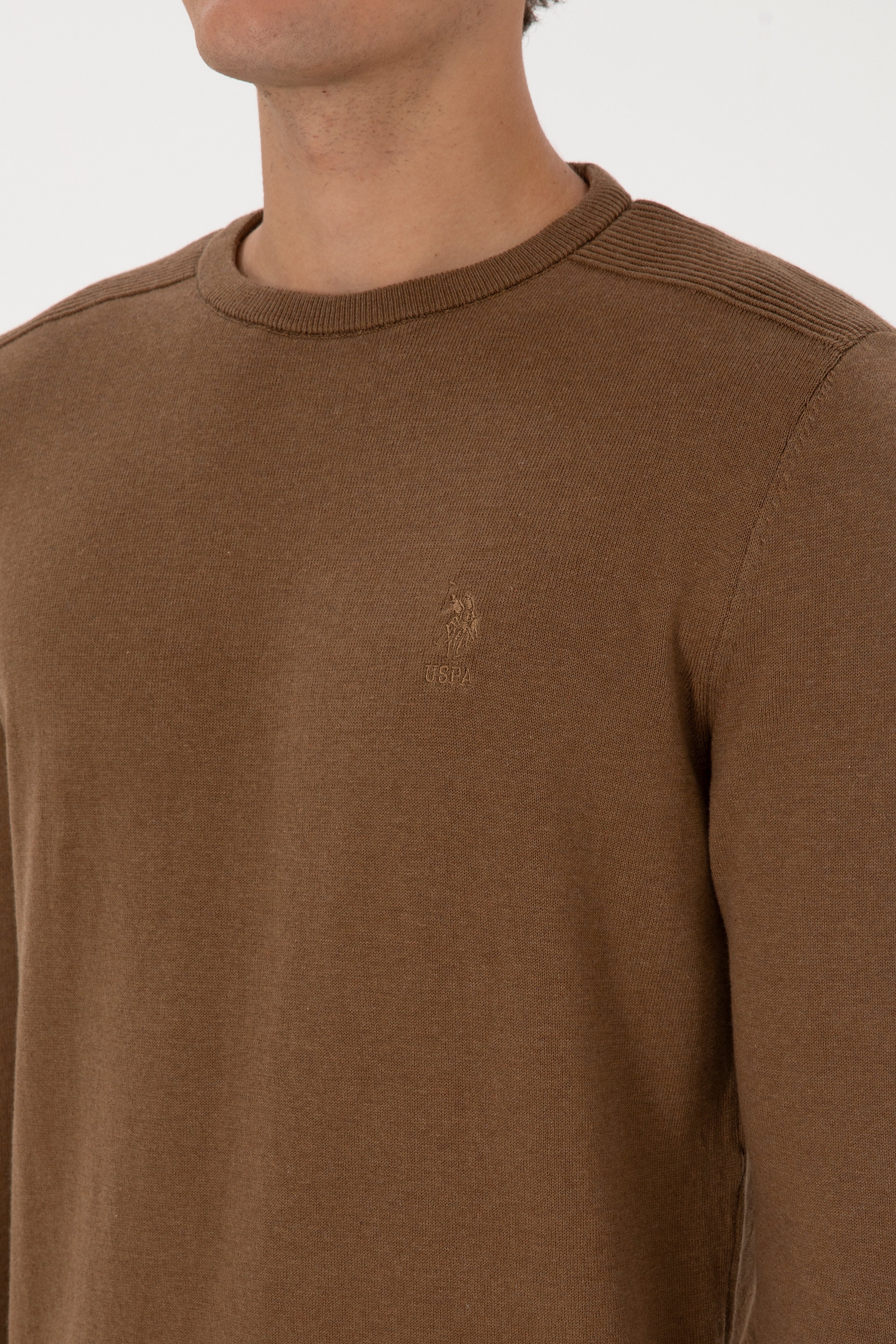 Erkek Slim Fit Bisiklet Yaka Haki Melanj Basic Kazak - Image 7