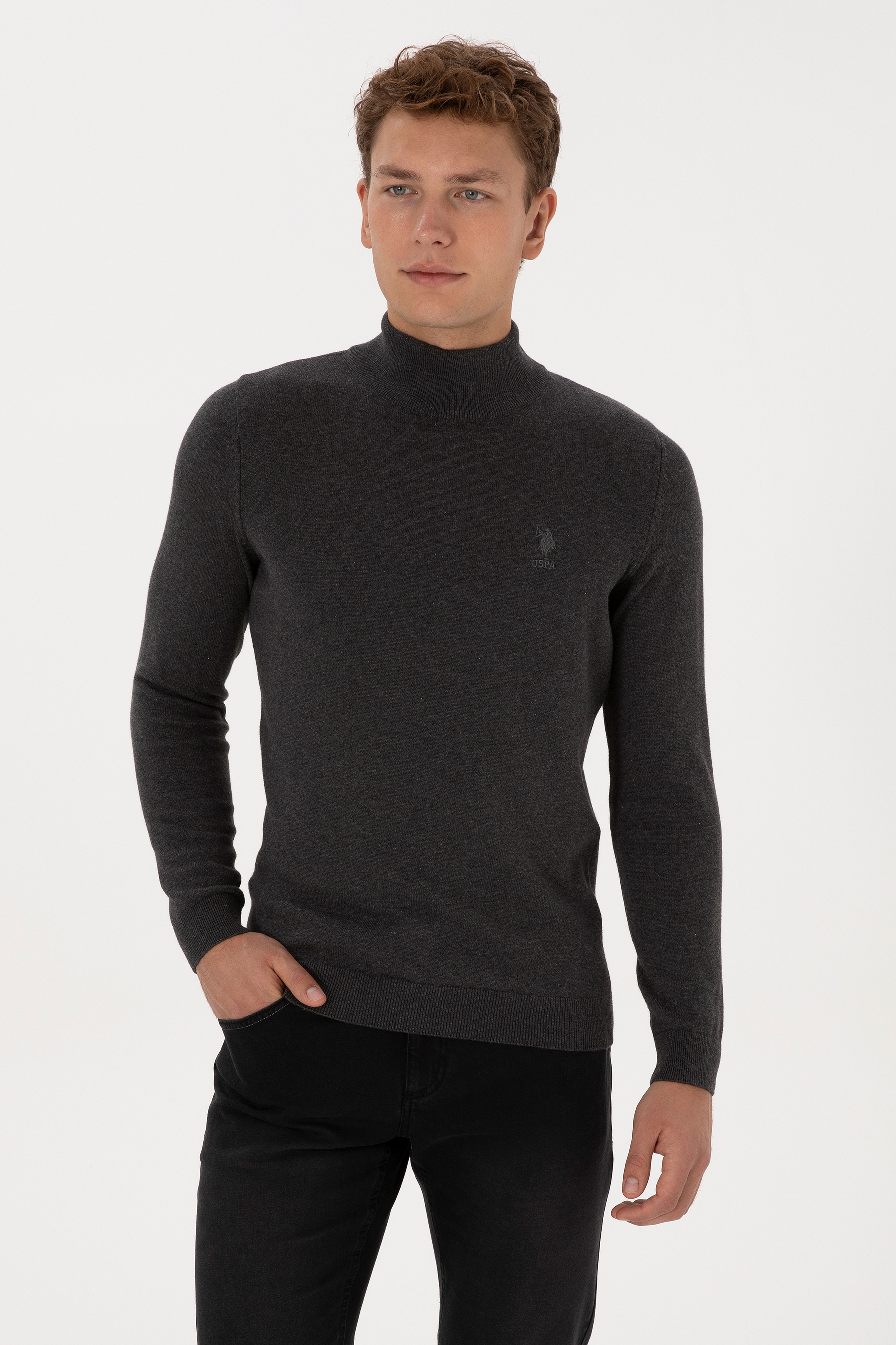 Erkek Slim Fit Yarım Boğazlı Antrasit Melanj Basic Kazak - Image 1