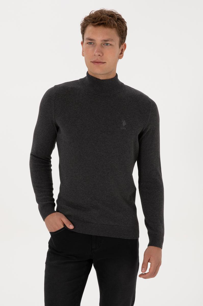 Erkek Slim Fit Yarım Boğazlı Antrasit Melanj Basic Kazak