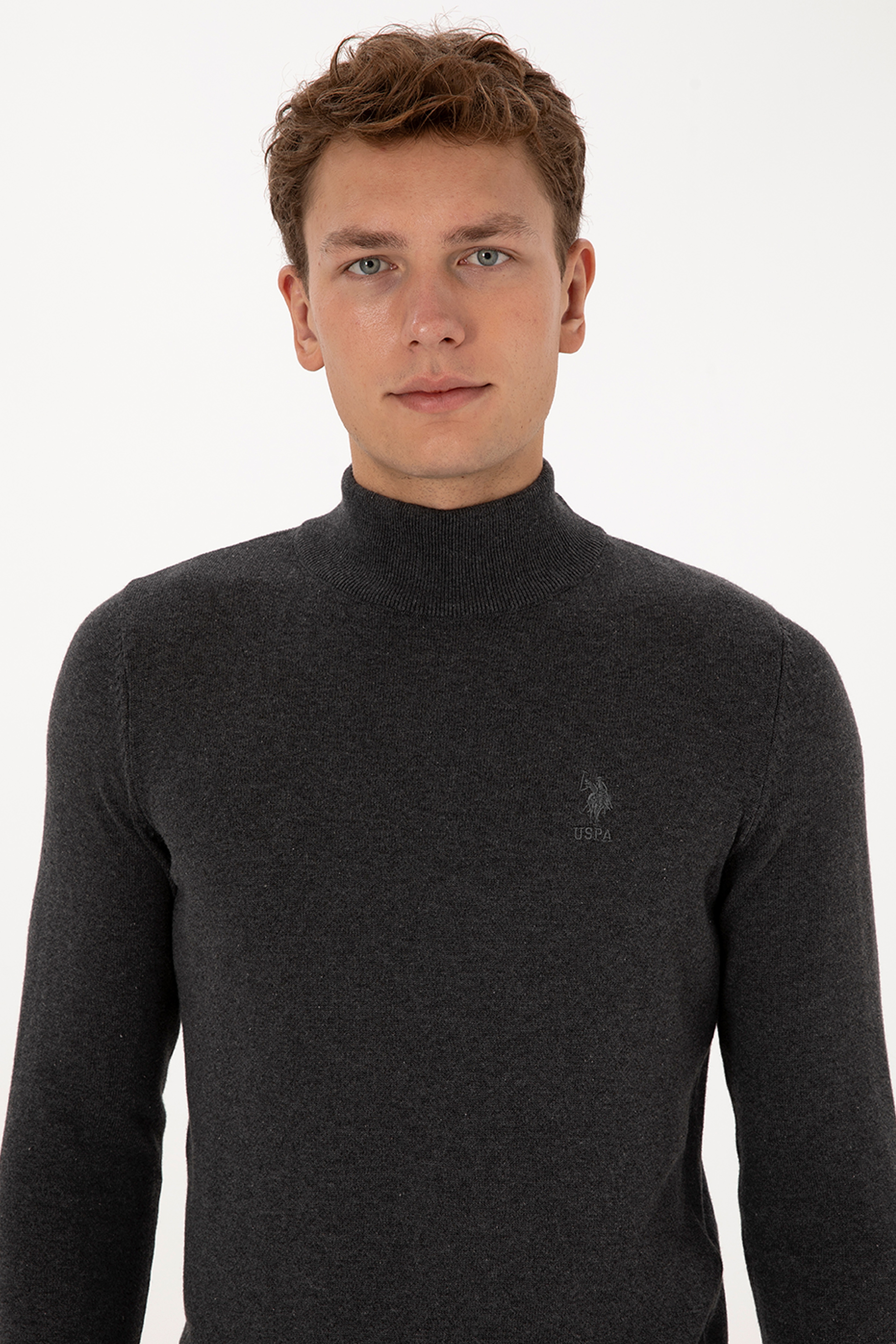 Erkek Slim Fit Yarım Boğazlı Antrasit Melanj Basic Kazak - Image 2