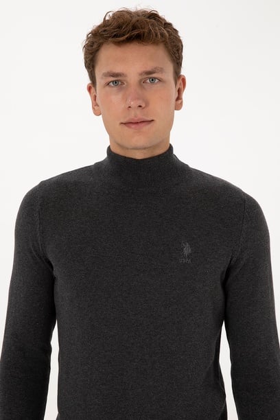 Erkek Slim Fit Yarım Boğazlı Antrasit Melanj Basic Kazak