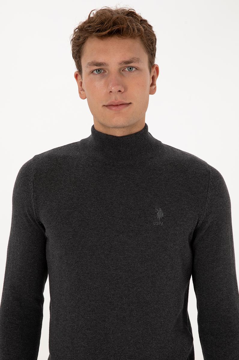 Erkek Slim Fit Yarım Boğazlı Antrasit Melanj Basic Kazak