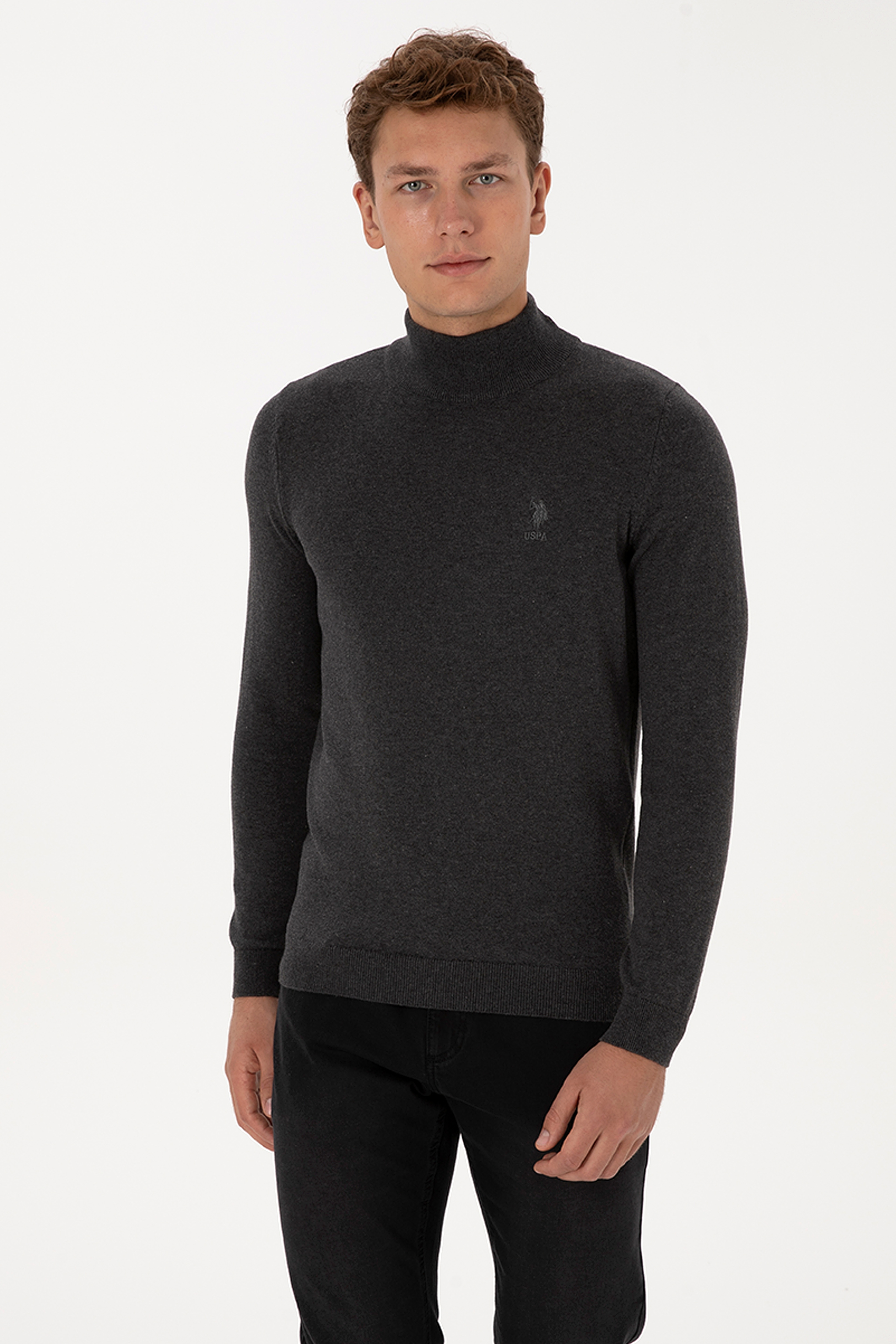 Erkek Slim Fit Yarım Boğazlı Antrasit Melanj Basic Kazak