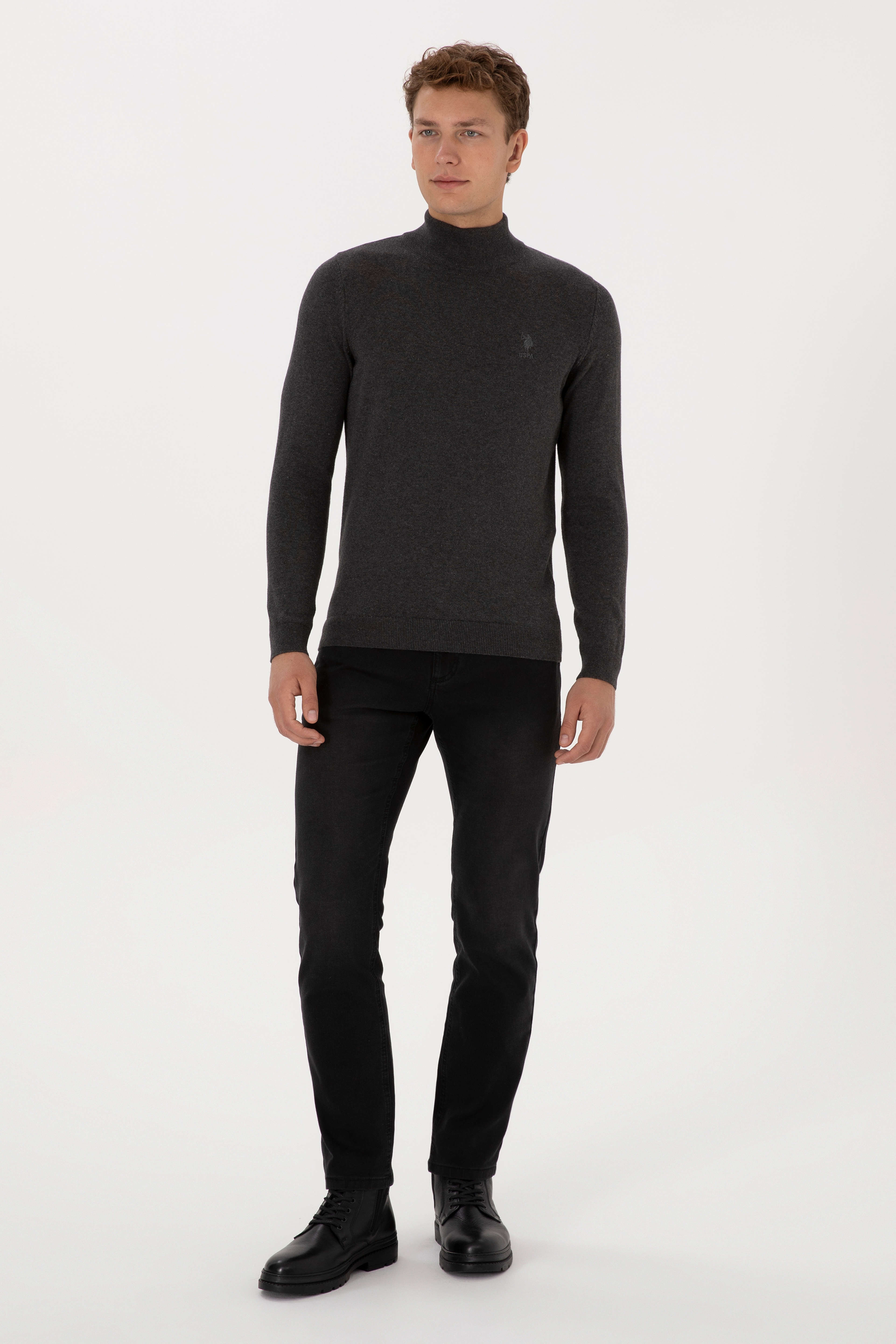 Erkek Slim Fit Yarım Boğazlı Antrasit Melanj Basic Kazak