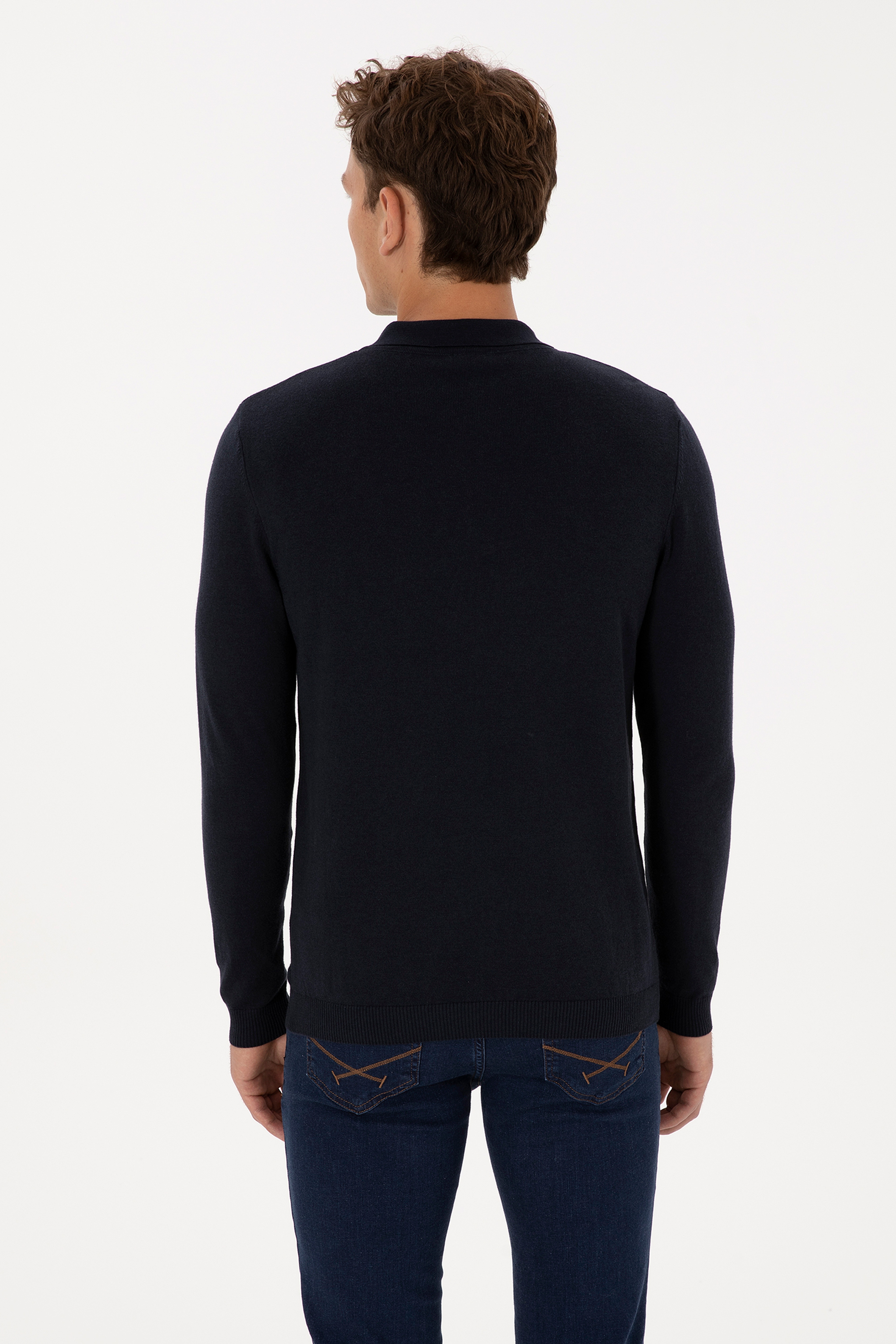 Erkek Slim Fit Yarım Fermuarlı Polo Yaka Lacivert Kazak - Image 5