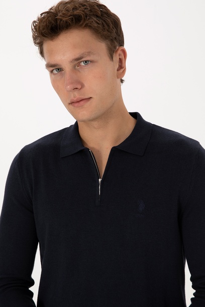 Erkek Slim Fit Yarım Fermuarlı Polo Yaka Lacivert Kazak