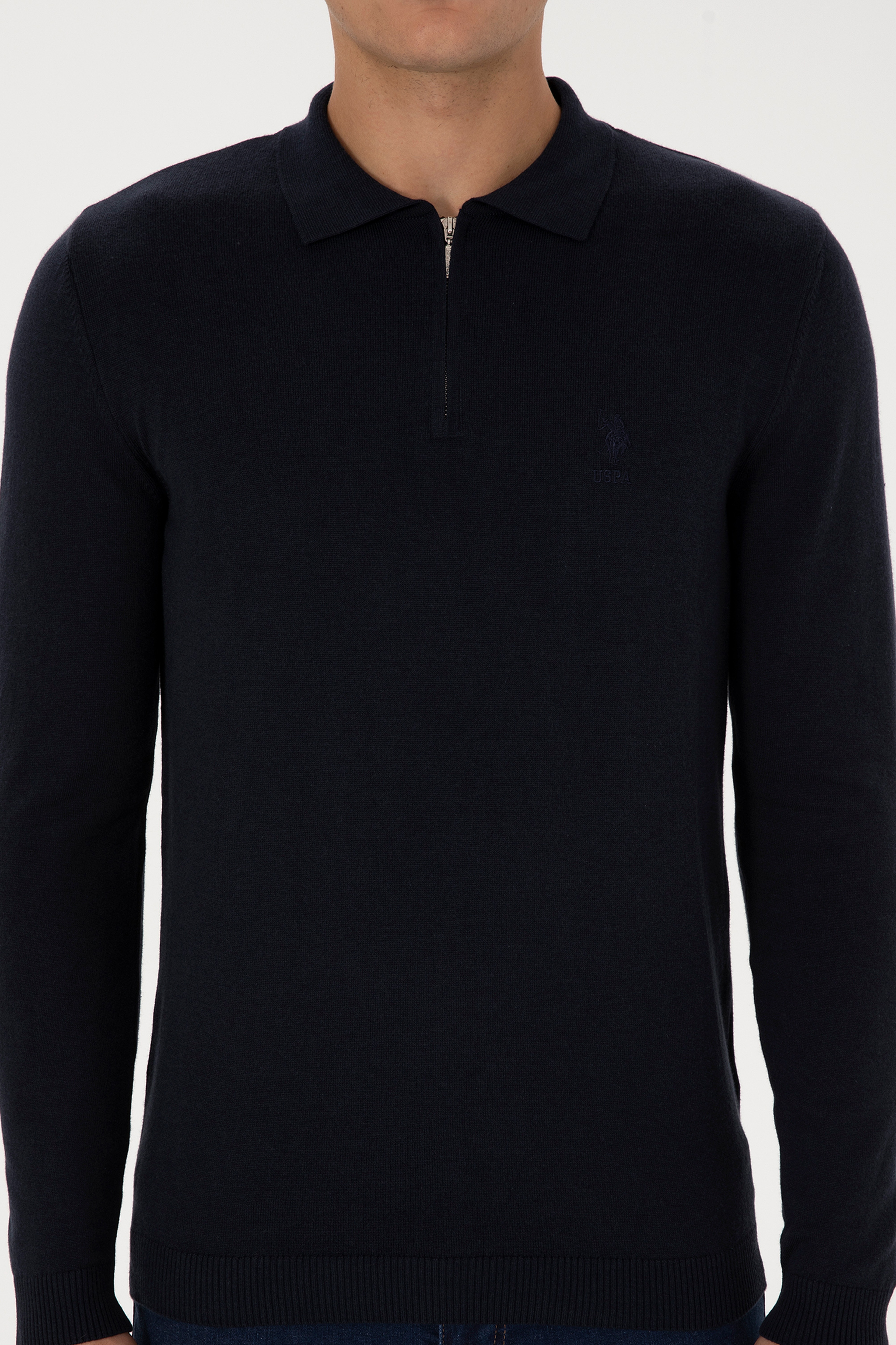 Erkek Slim Fit Yarım Fermuarlı Polo Yaka Lacivert Kazak