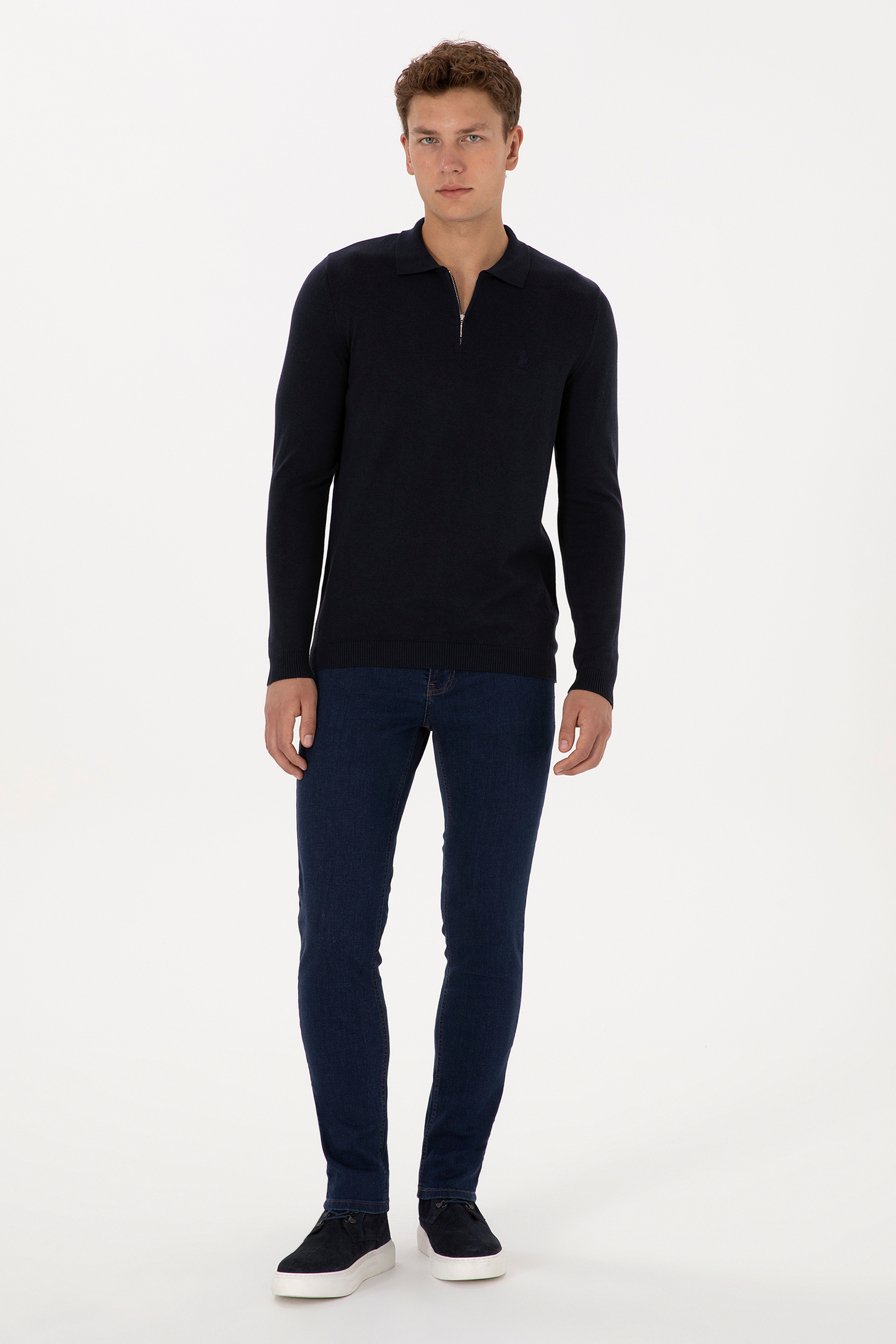 Erkek Slim Fit Yarım Fermuarlı Polo Yaka Lacivert Kazak