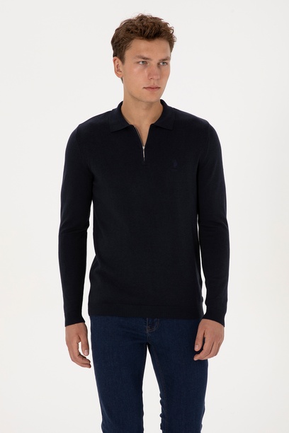 Erkek Slim Fit Yarım Fermuarlı Polo Yaka Lacivert Kazak