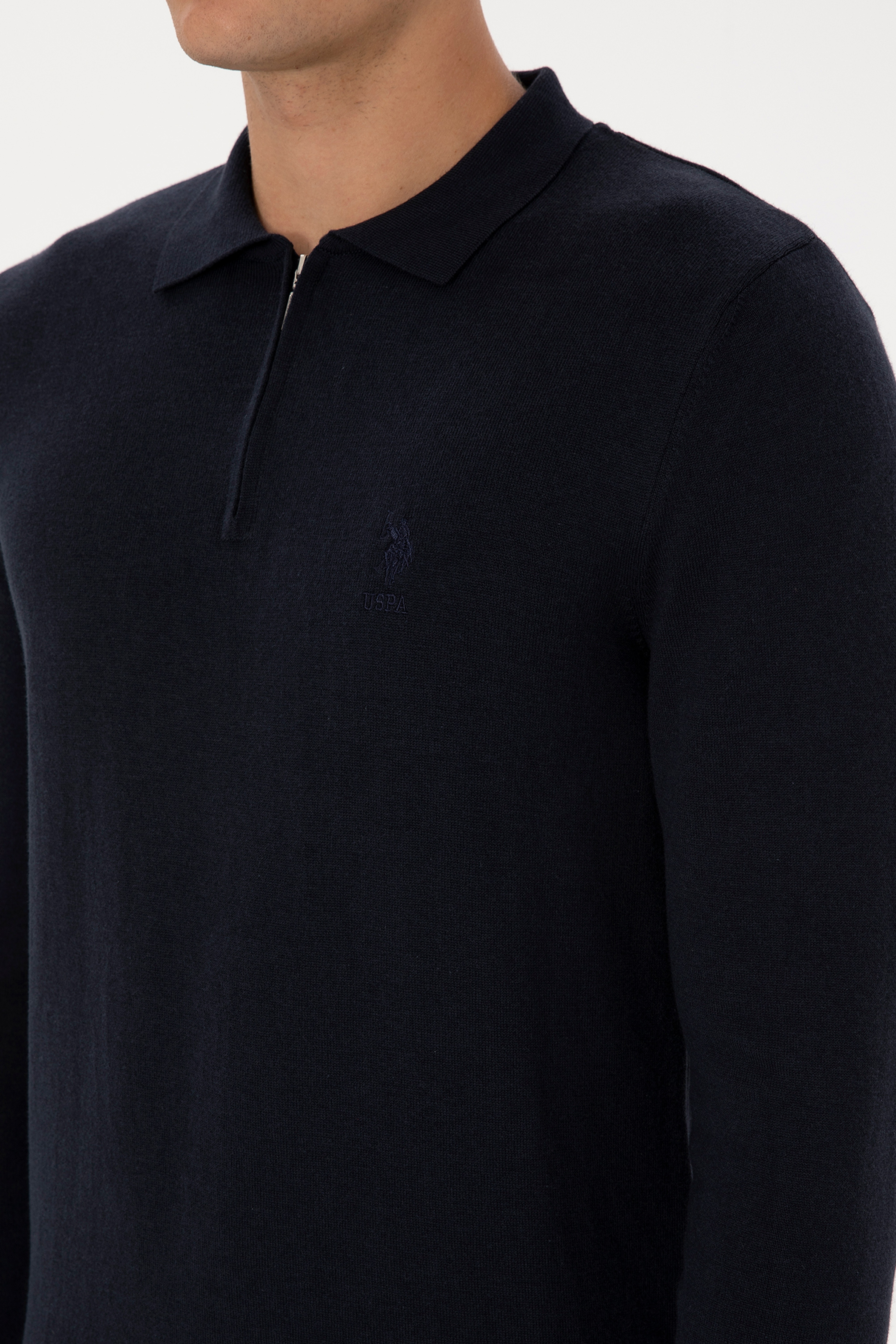 Erkek Slim Fit Yarım Fermuarlı Polo Yaka Lacivert Kazak - Image 7