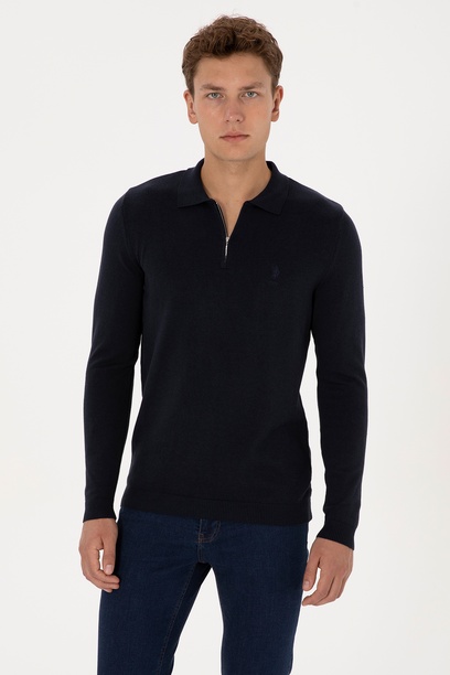 Erkek Slim Fit Yarım Fermuarlı Polo Yaka Lacivert Kazak