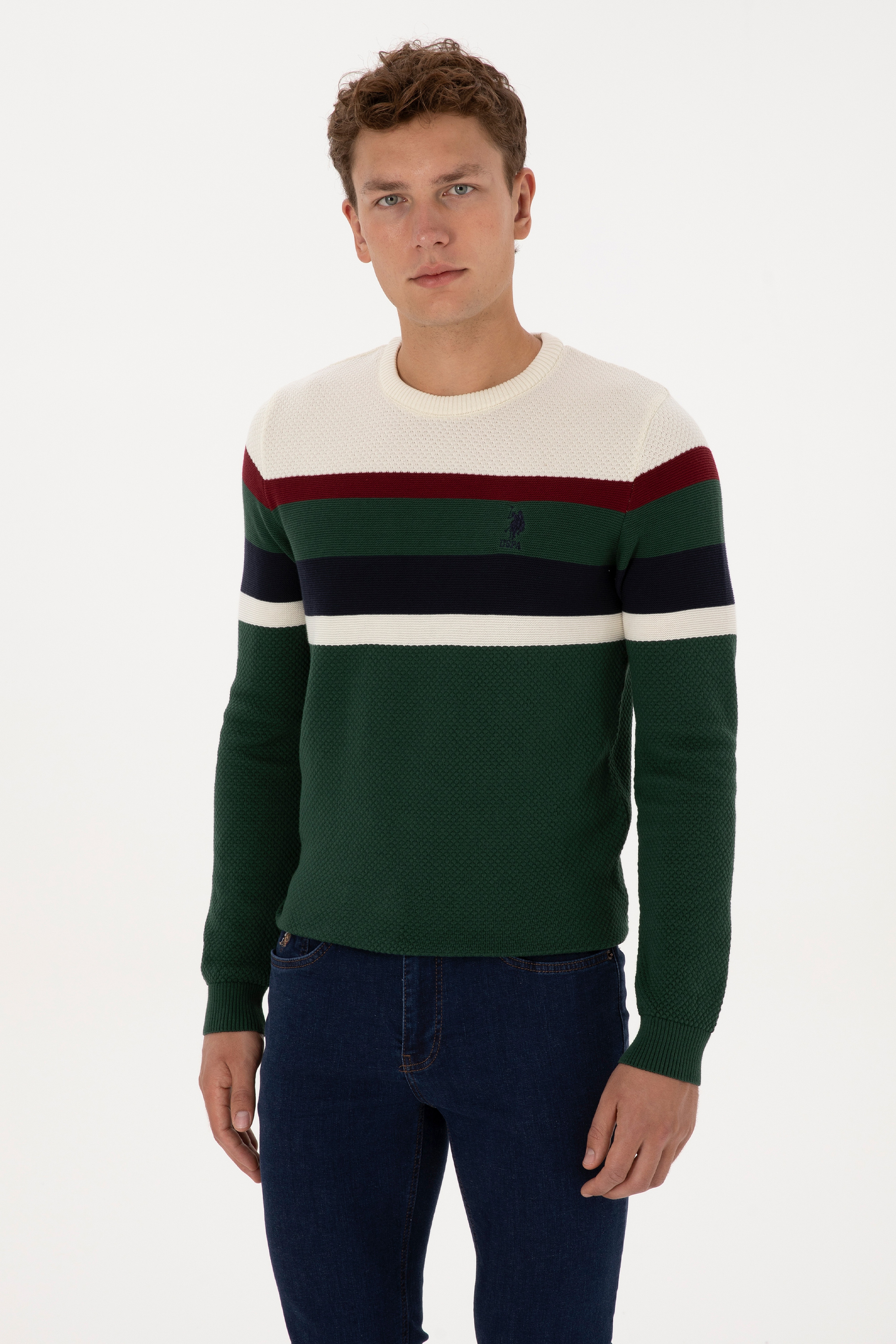 Erkek Slim Fit Bisiklet Yaka Koyu Yeşil Kazak - Image 3