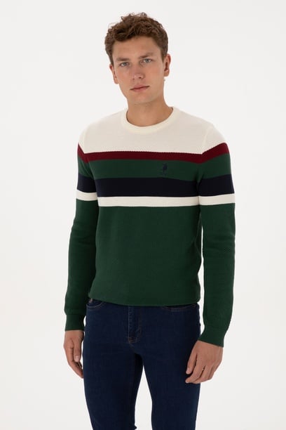 Erkek Slim Fit Bisiklet Yaka Koyu Yeşil Kazak