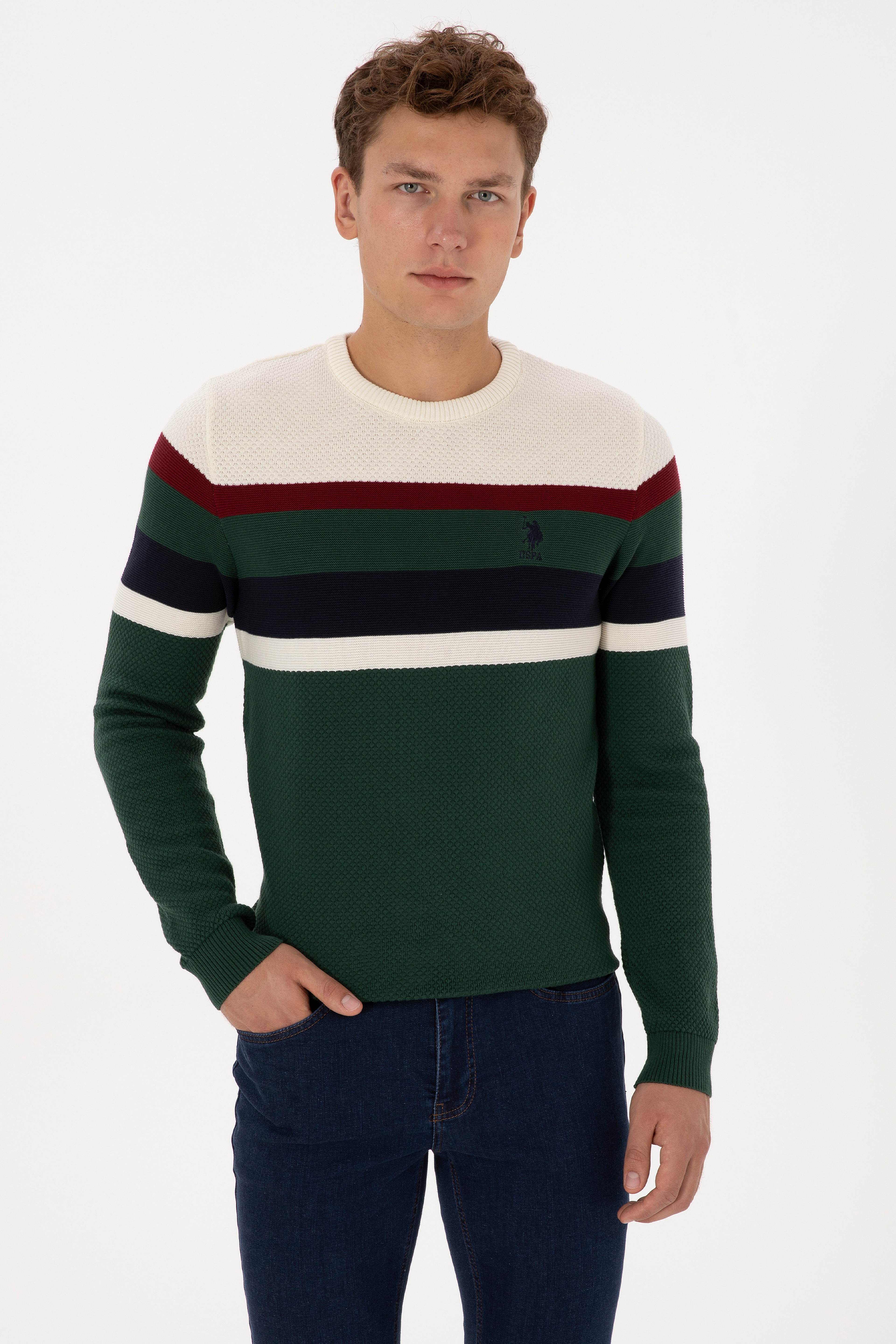 Erkek Slim Fit Bisiklet Yaka Koyu Yeşil Kazak - Image 1
