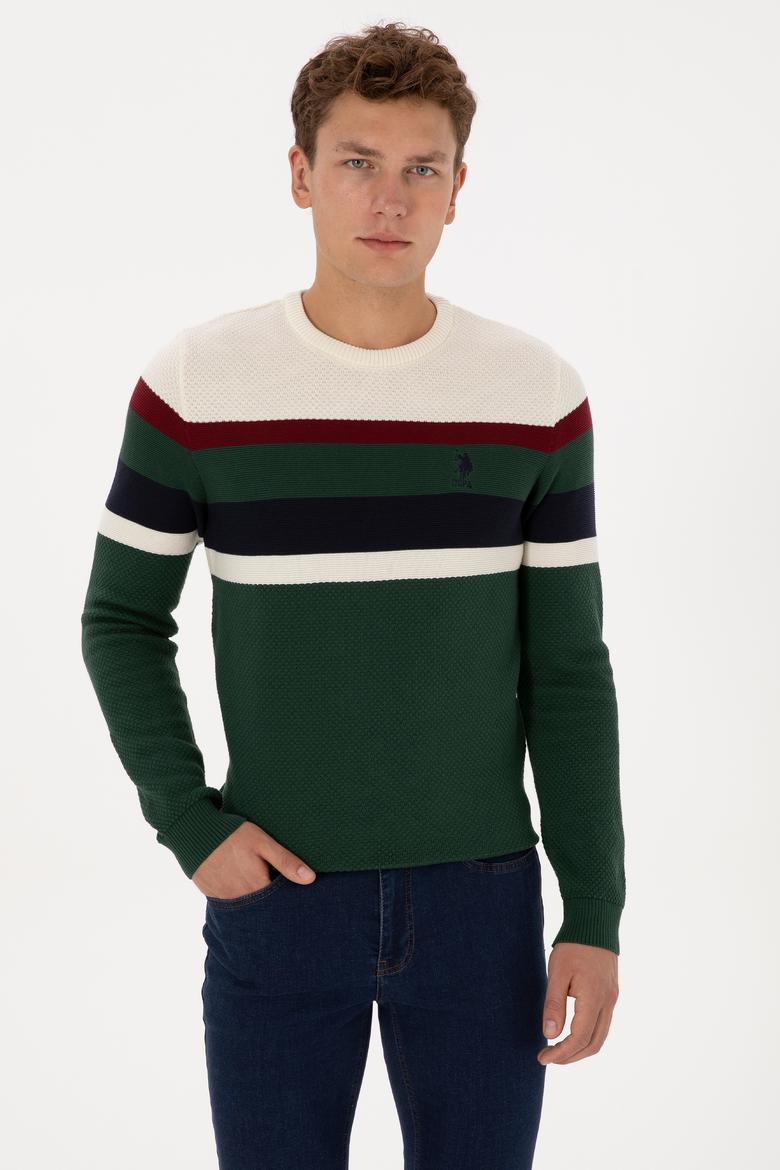 Erkek Slim Fit Bisiklet Yaka Koyu Yeşil Kazak