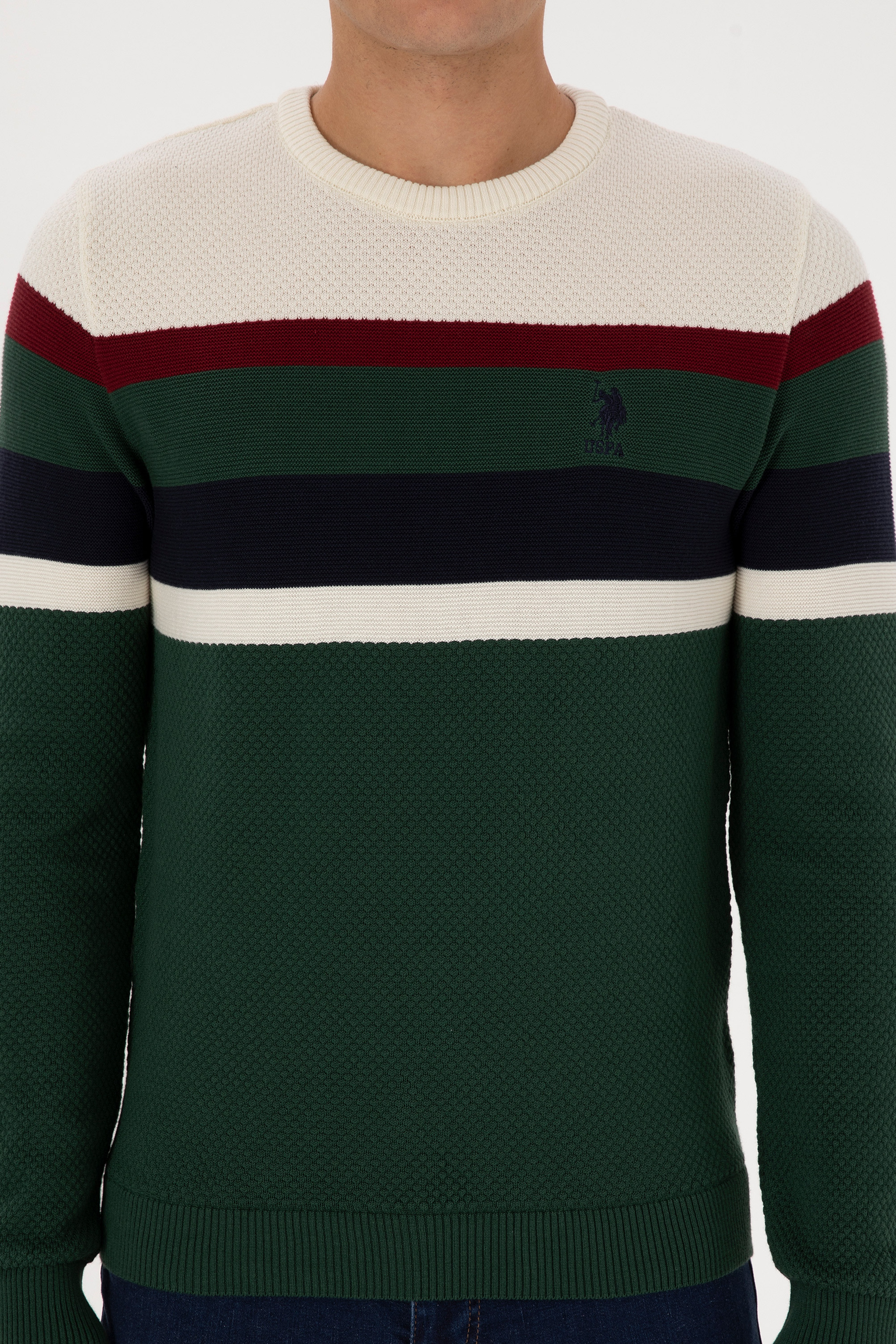 Erkek Slim Fit Bisiklet Yaka Koyu Yeşil Kazak