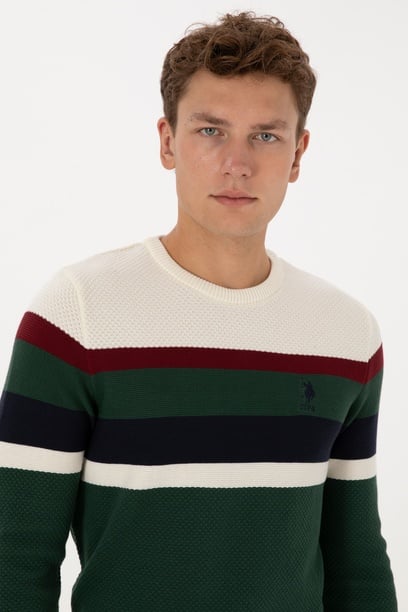 Erkek Slim Fit Bisiklet Yaka Koyu Yeşil Kazak