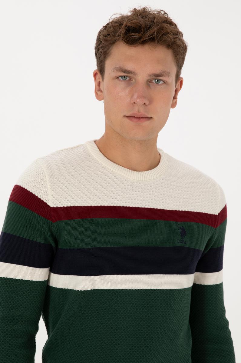 Erkek Slim Fit Bisiklet Yaka Koyu Yeşil Kazak