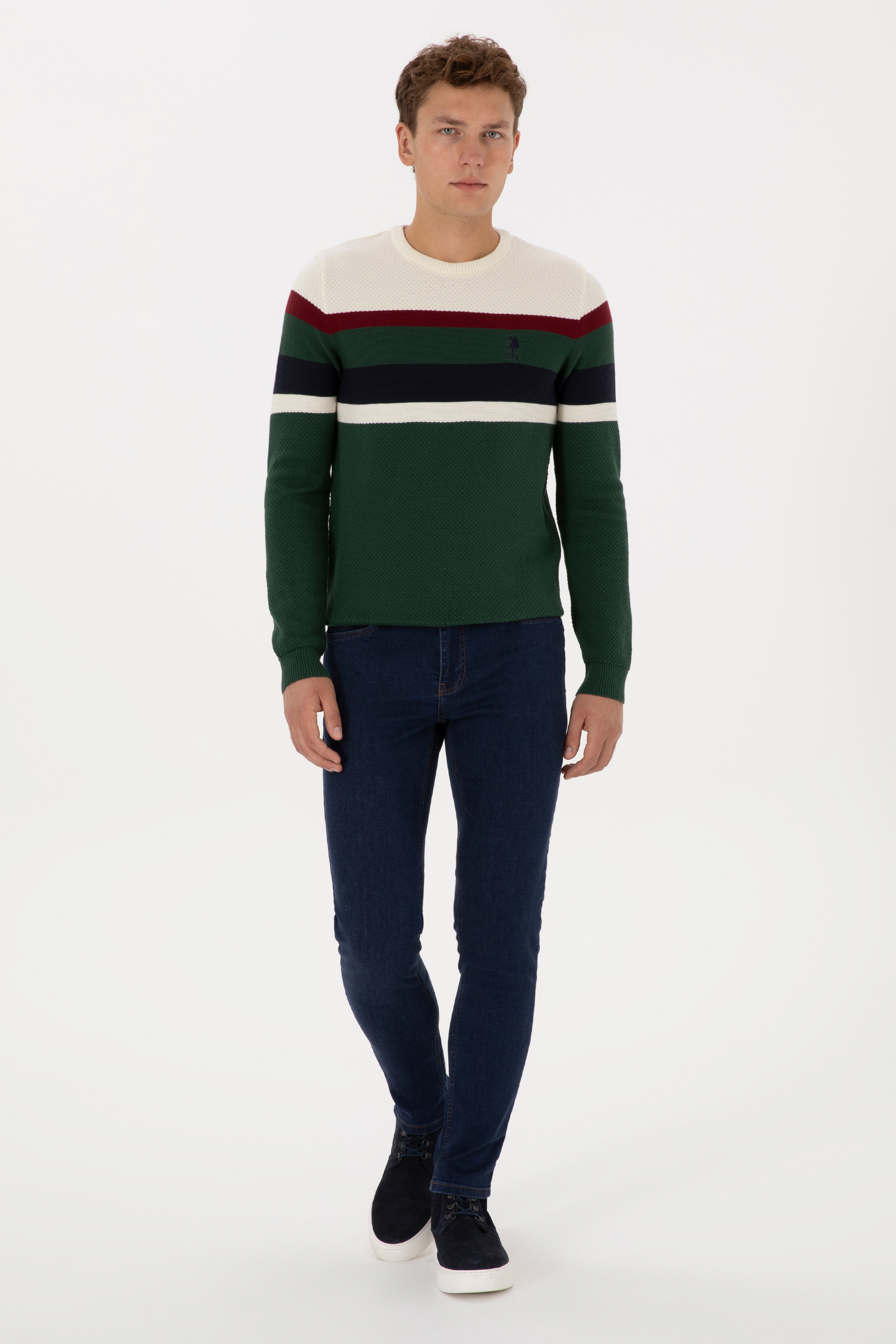 Erkek Slim Fit Bisiklet Yaka Koyu Yeşil Kazak - Image 4