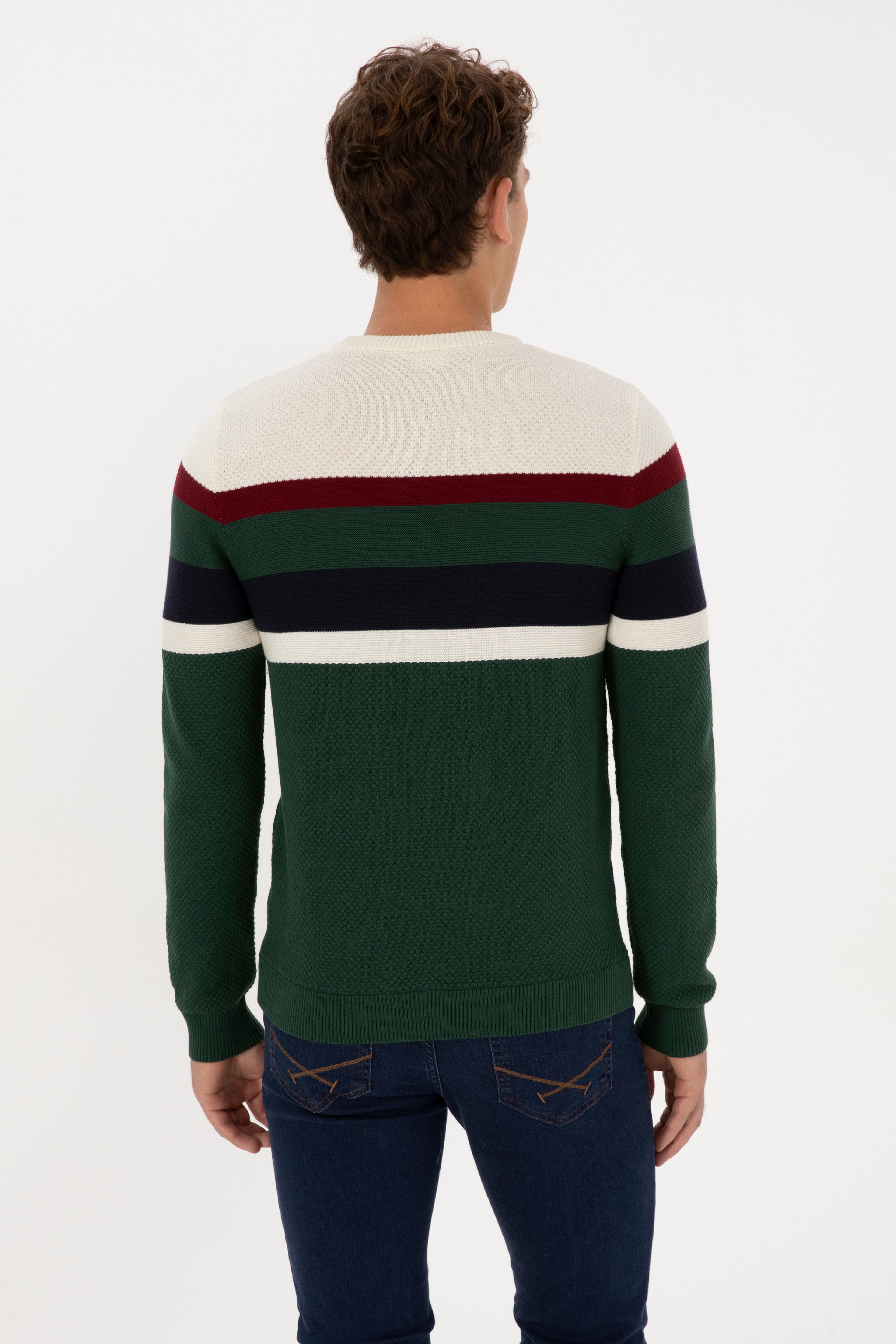 Erkek Slim Fit Bisiklet Yaka Koyu Yeşil Kazak - Image 5