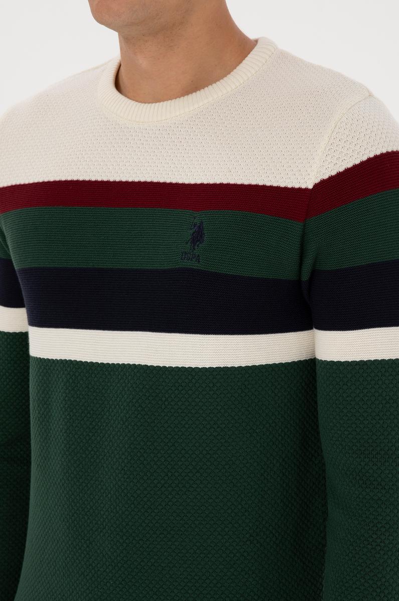 Erkek Slim Fit Bisiklet Yaka Koyu Yeşil Kazak