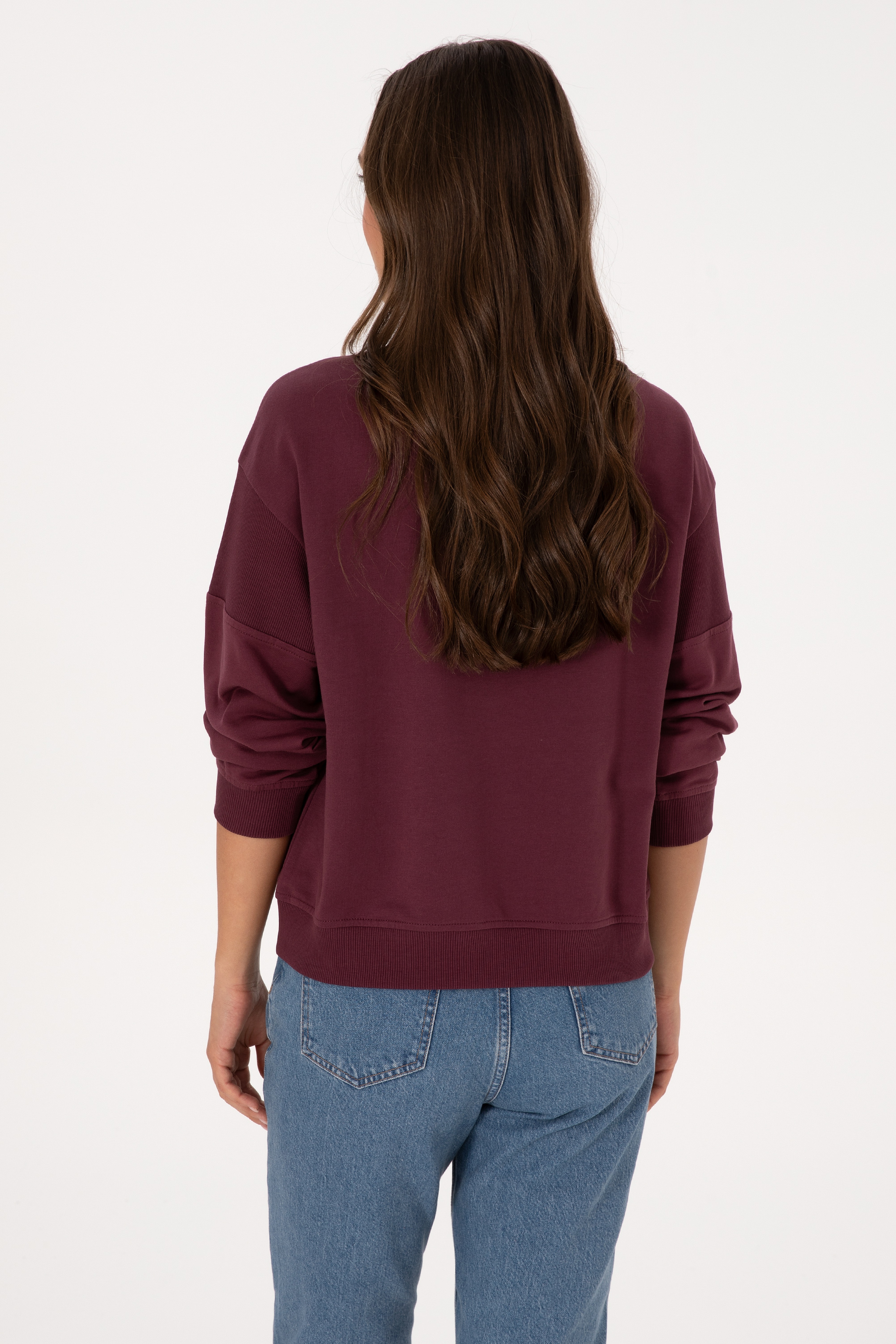 Kadın Bordo Pamuklu Bisiklet Yaka Sweatshirt