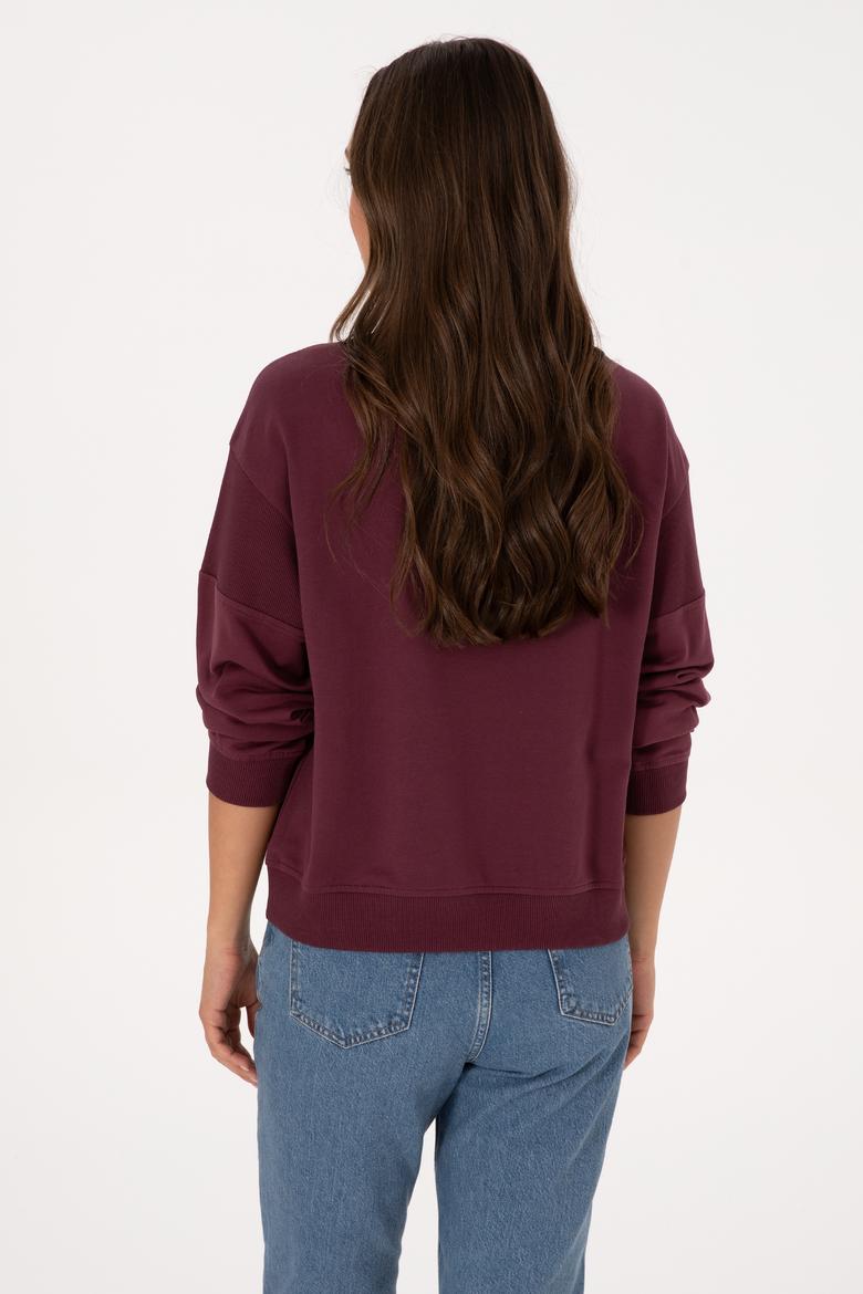 Kadın Bordo Pamuklu Bisiklet Yaka Sweatshirt - 50314170023