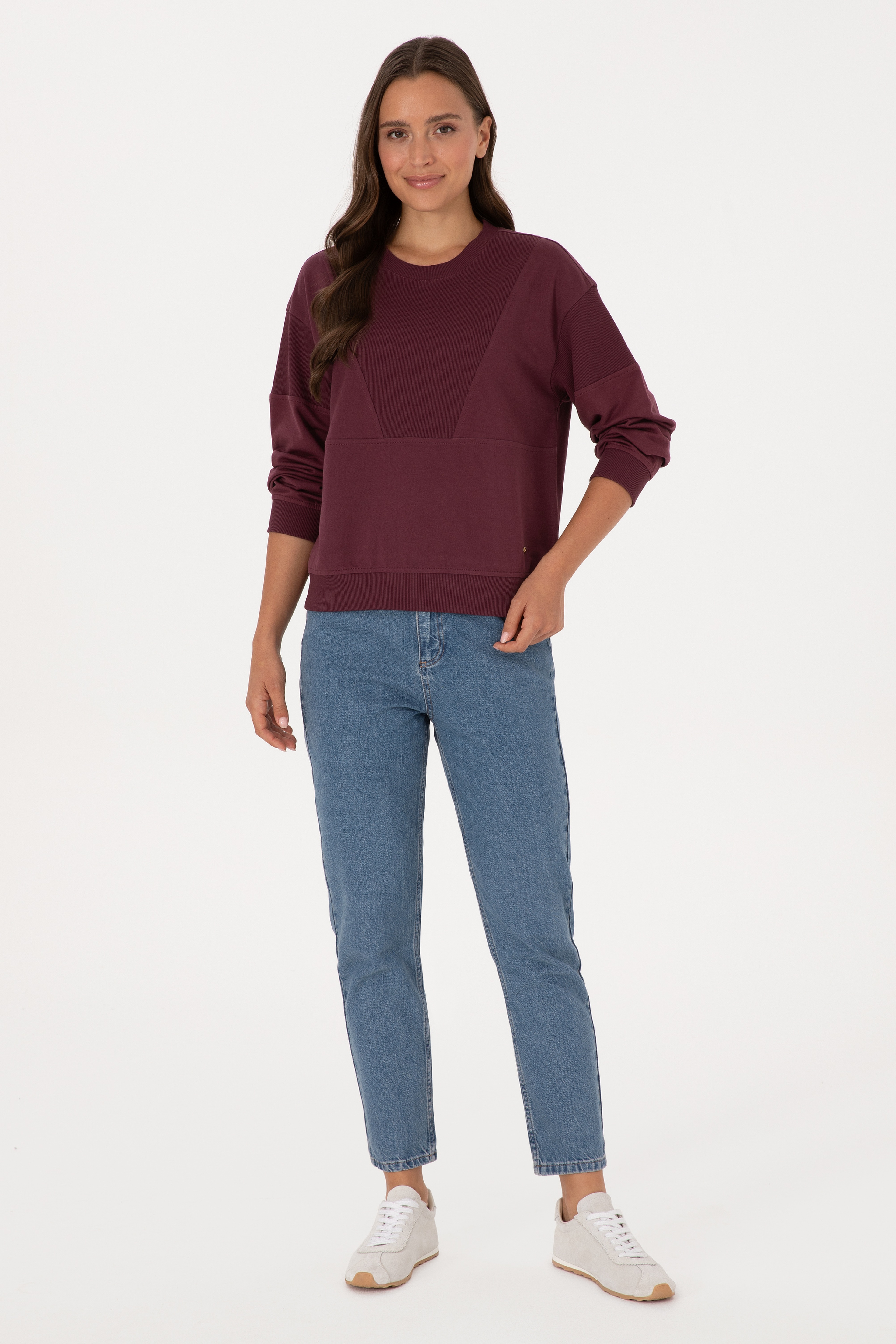 Kadın Bordo Pamuklu Bisiklet Yaka Sweatshirt - Image 4
