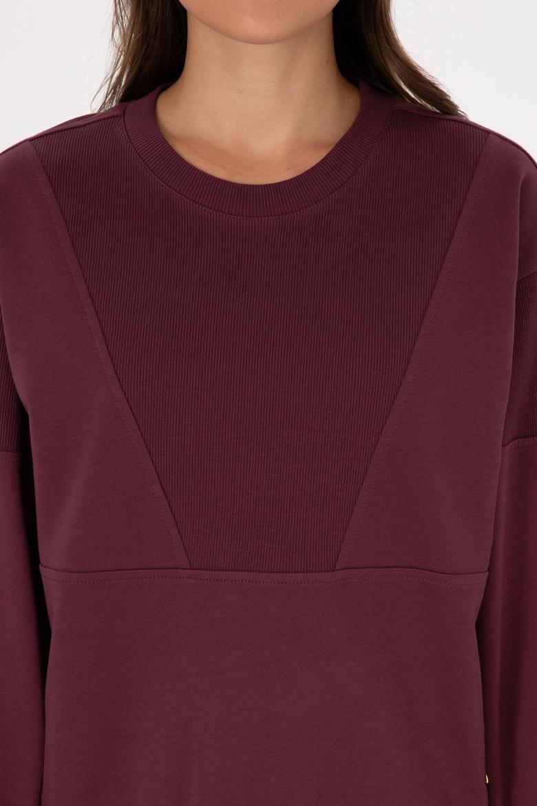 Kadın Bordo Pamuklu Bisiklet Yaka Sweatshirt - 50314170023