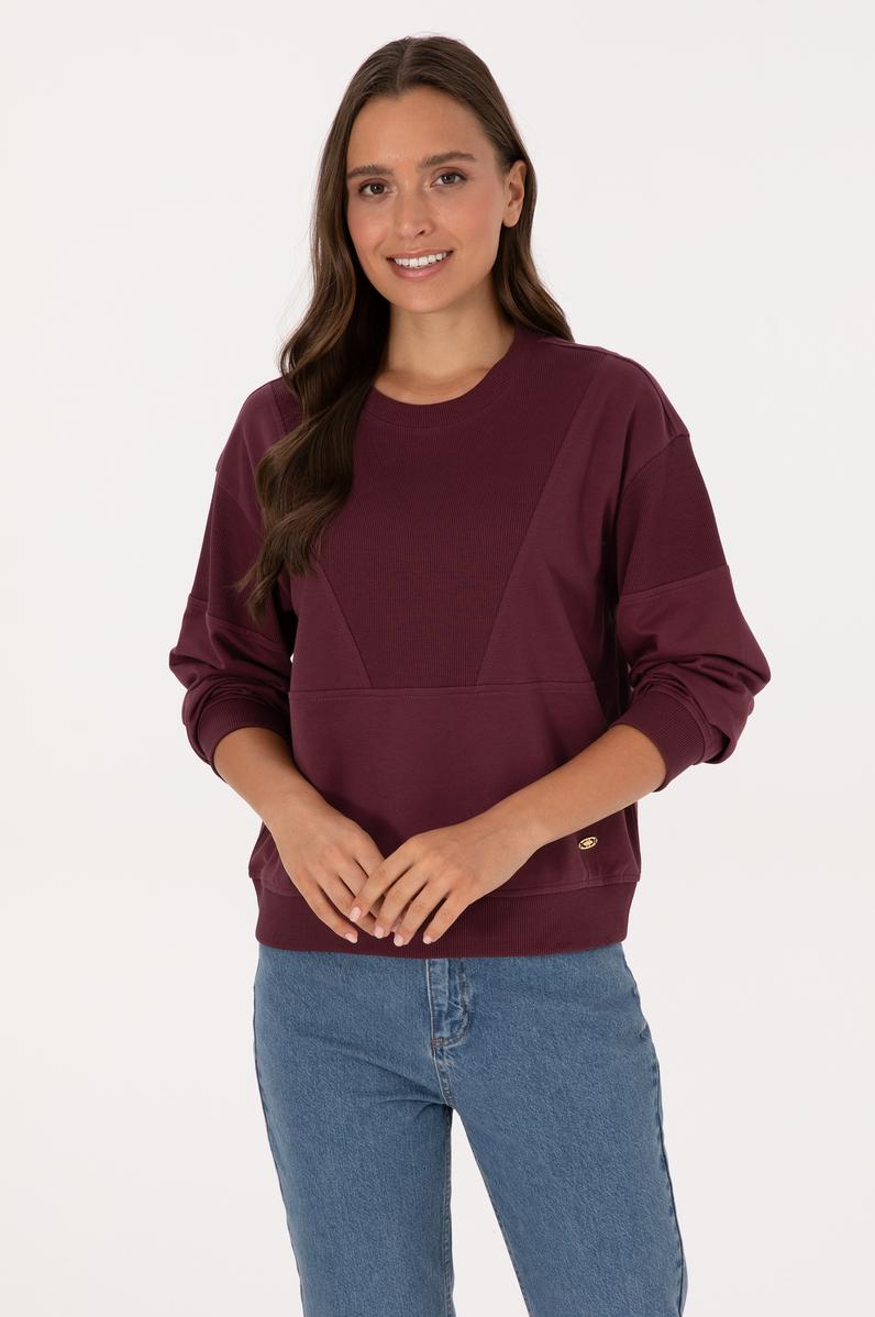 Kadın Bordo Pamuklu Bisiklet Yaka Sweatshirt