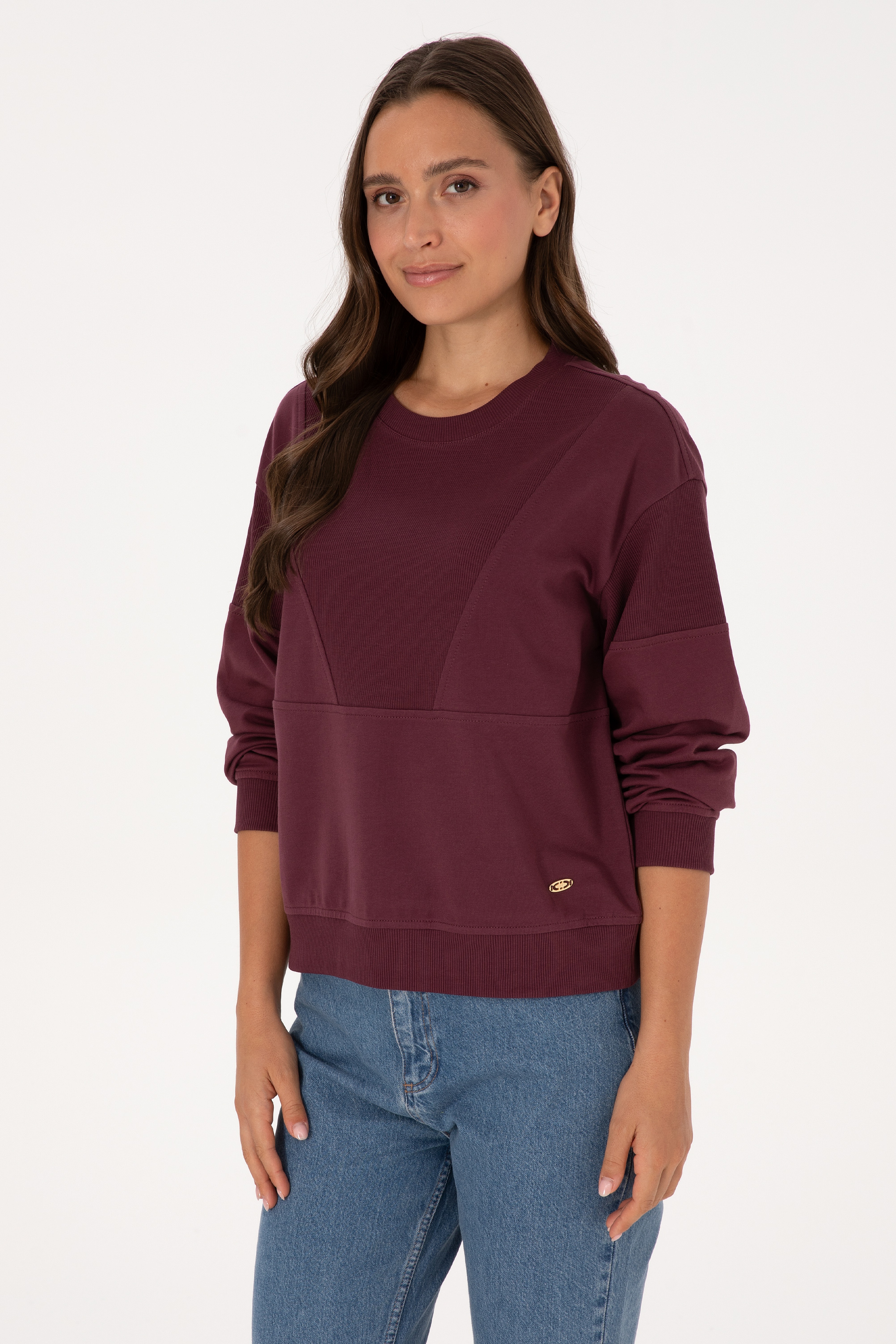 Kadın Bordo Pamuklu Bisiklet Yaka Sweatshirt