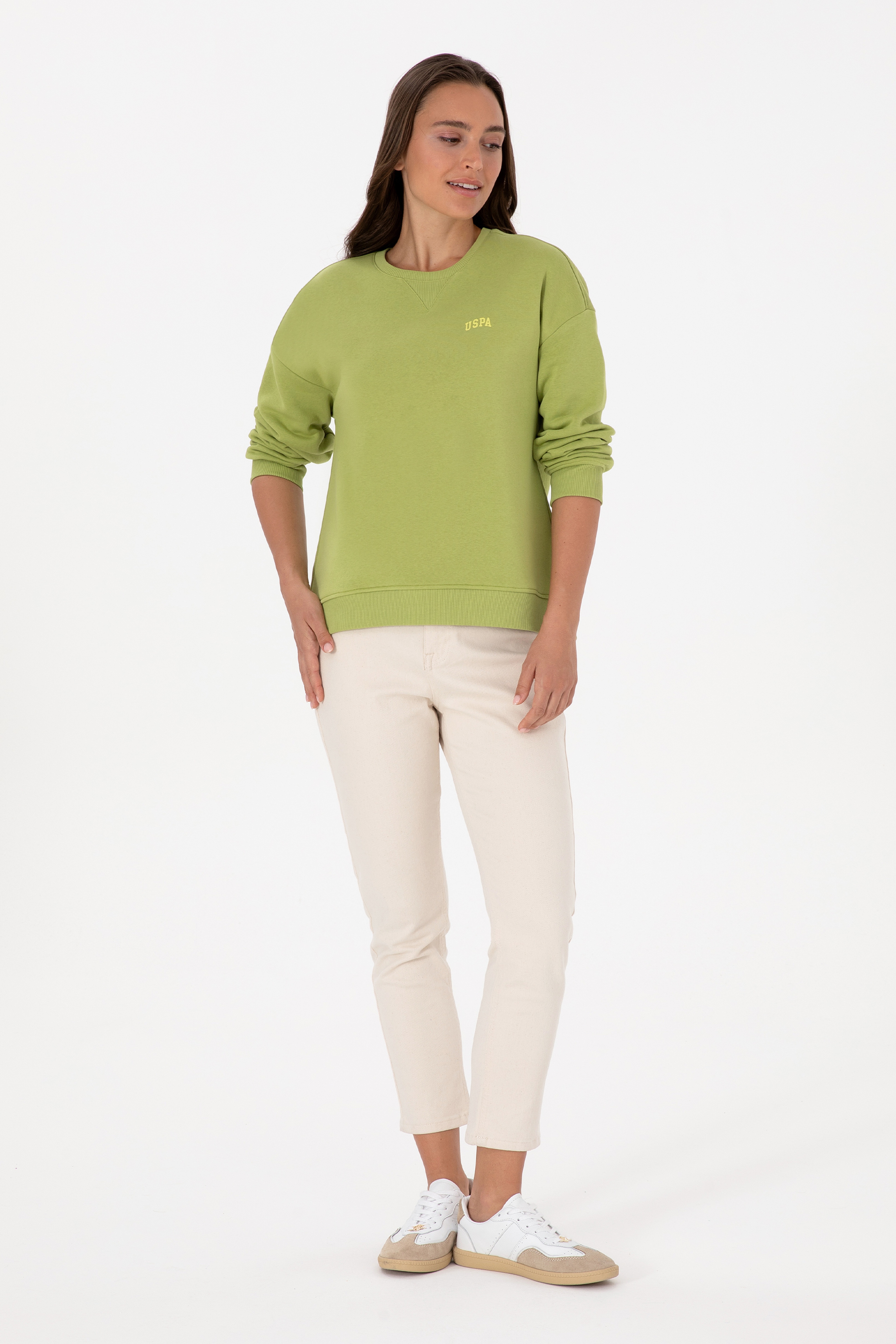 Kadın Fıstık Yeşili Şardonlu Bisiklet Yaka Basic Sweatshırt - Image 4