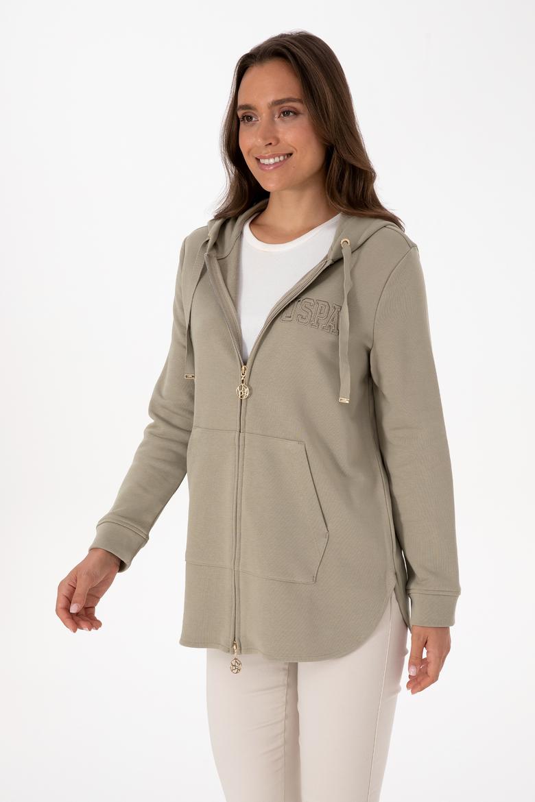 Kadın Açık Haki Fermuarlı Kapüşonlu Sweatshırt - 50307714030