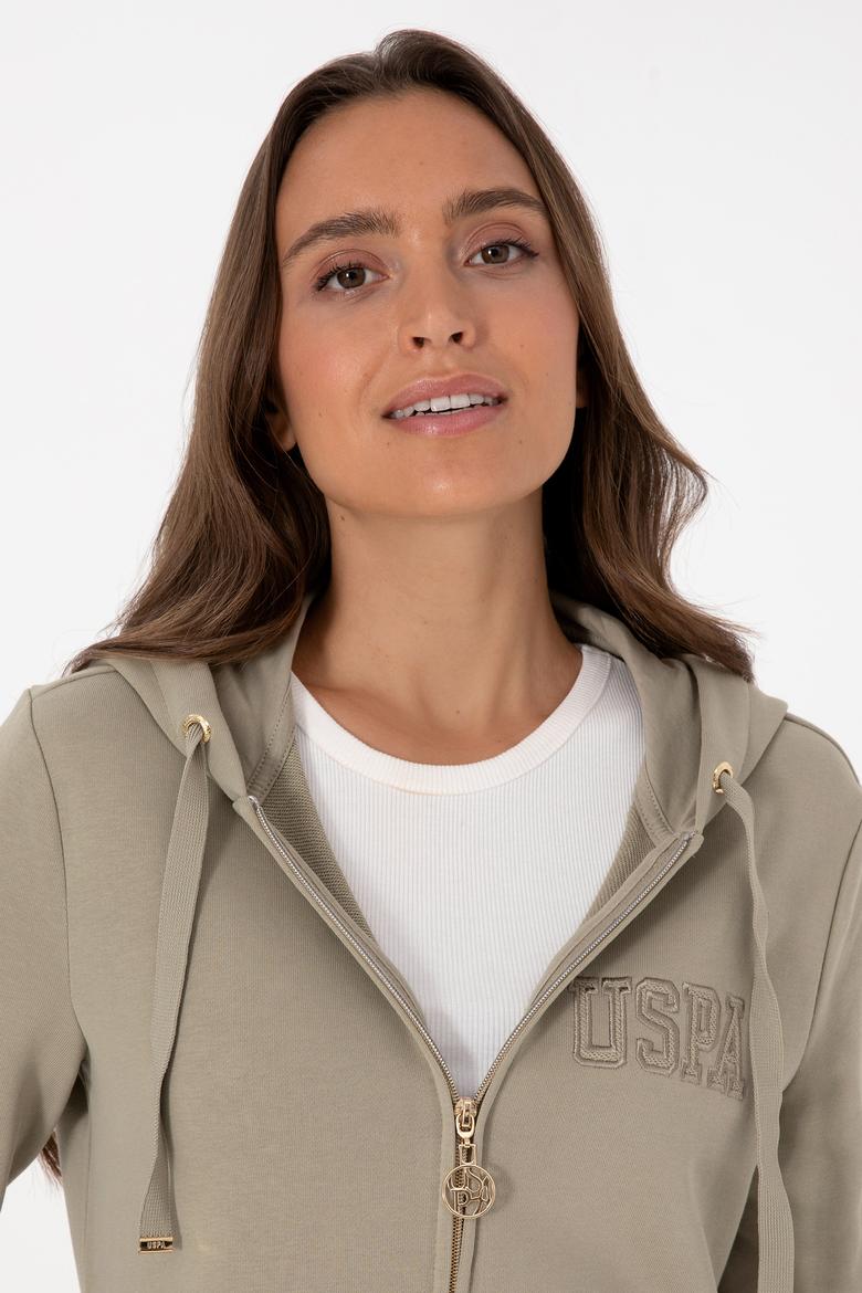 Kadın Açık Haki Fermuarlı Kapüşonlu Sweatshırt - 50307714030