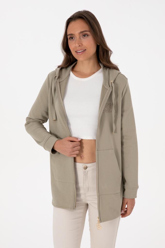 Kadın Açık Haki Fermuarlı Kapüşonlu Sweatshırt