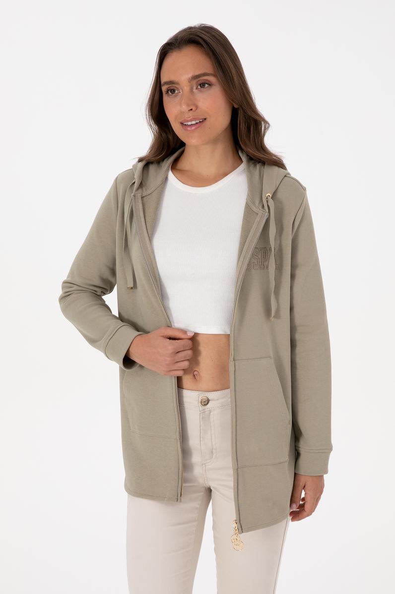 Kadın Açık Haki Fermuarlı Kapüşonlu Sweatshırt