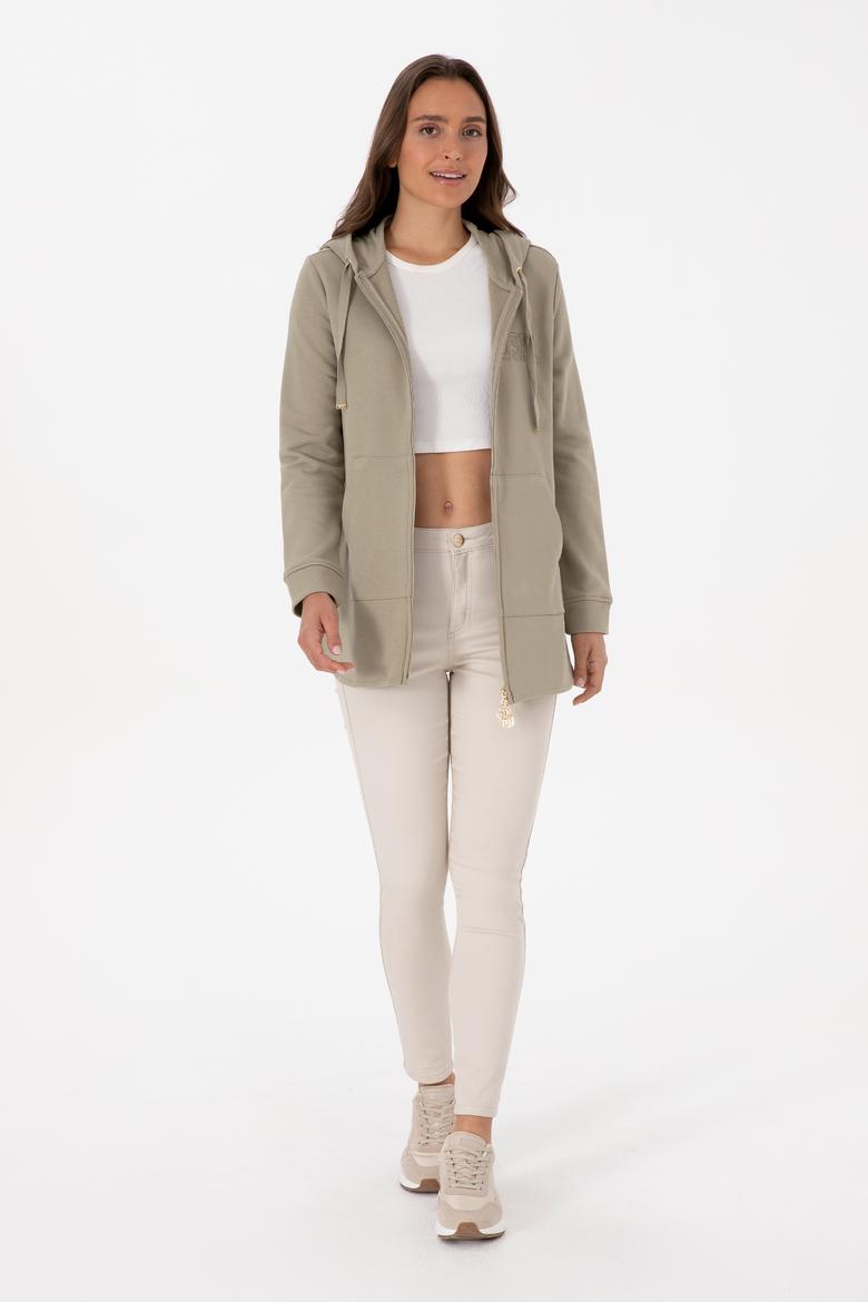 Kadın Açık Haki Fermuarlı Kapüşonlu Sweatshırt - 50307714030