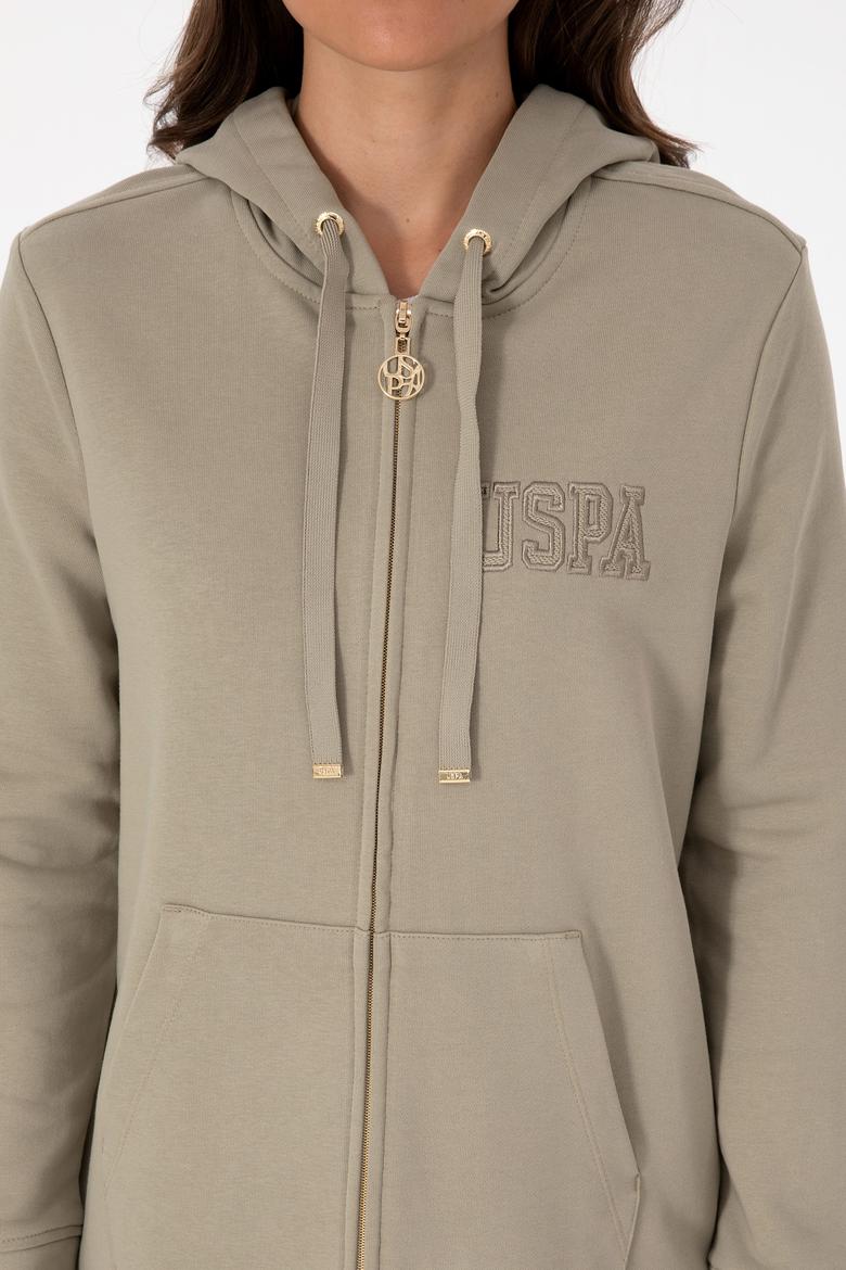 Kadın Açık Haki Fermuarlı Kapüşonlu Sweatshırt - 50307714030